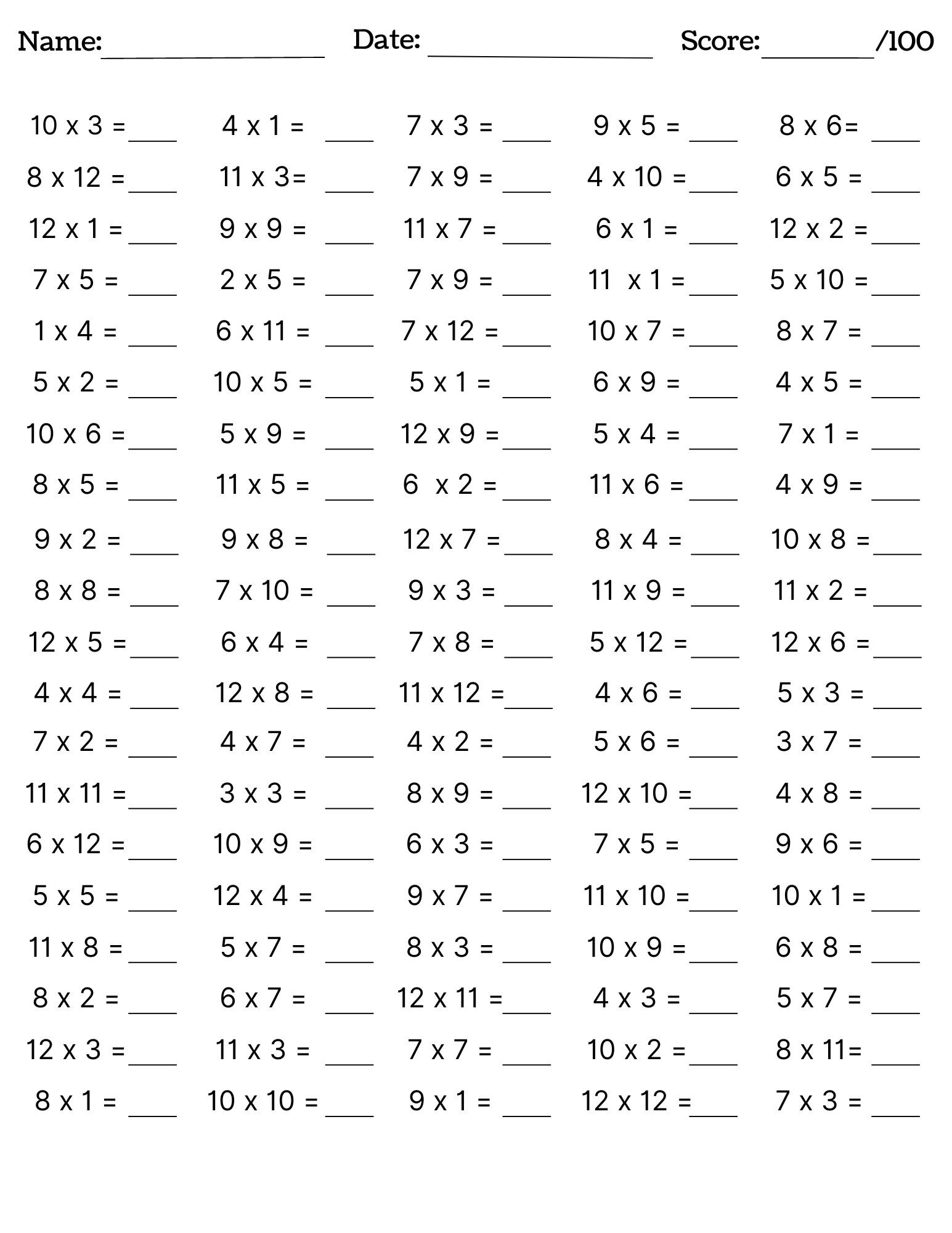Multiplication Worksheets 1 12 Printable