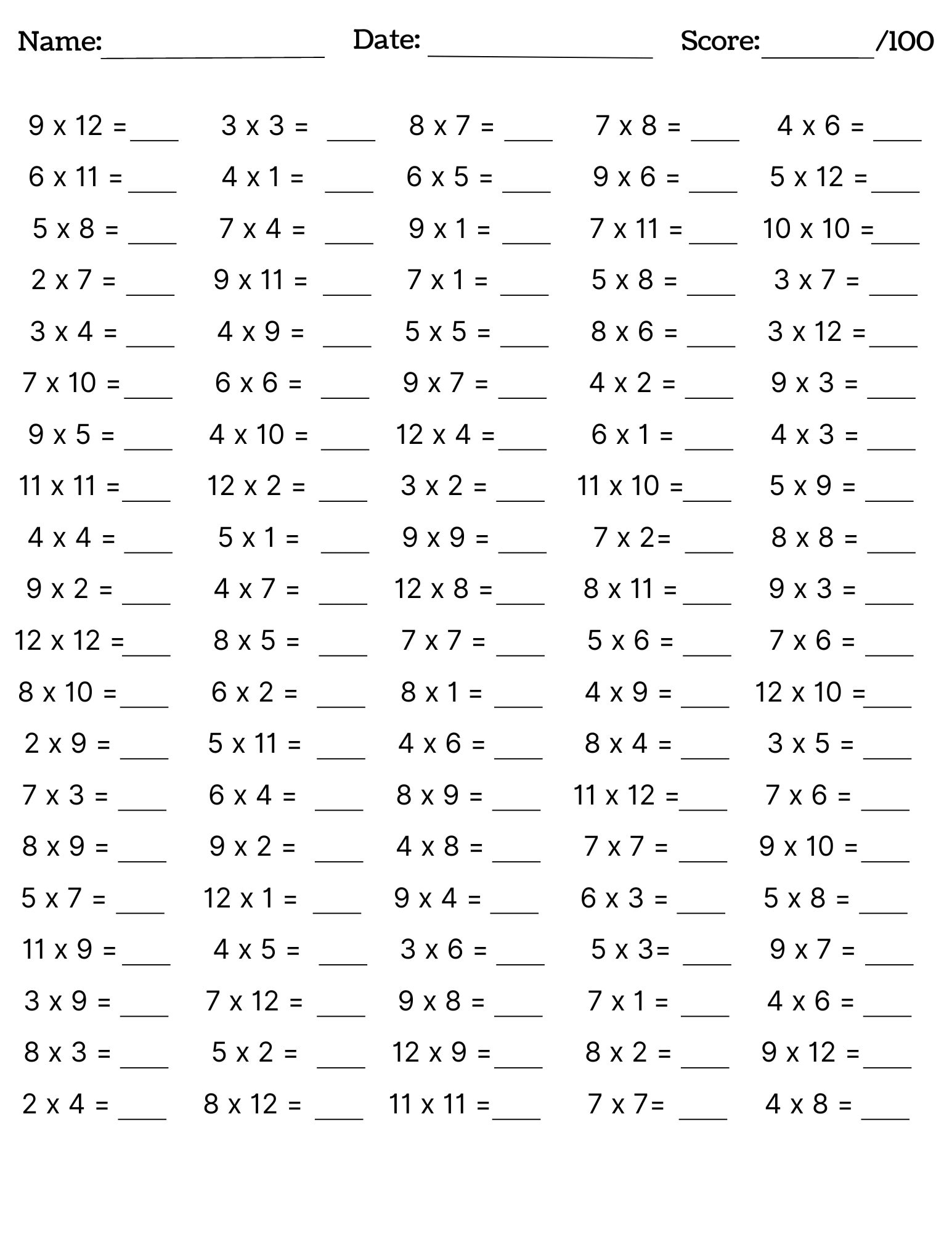 10 Printable Multiplication Worksheets Fill In The Blanks Single Digit Multiplication numbers 1 12 Maths Drills Answers Included Etsy Finland