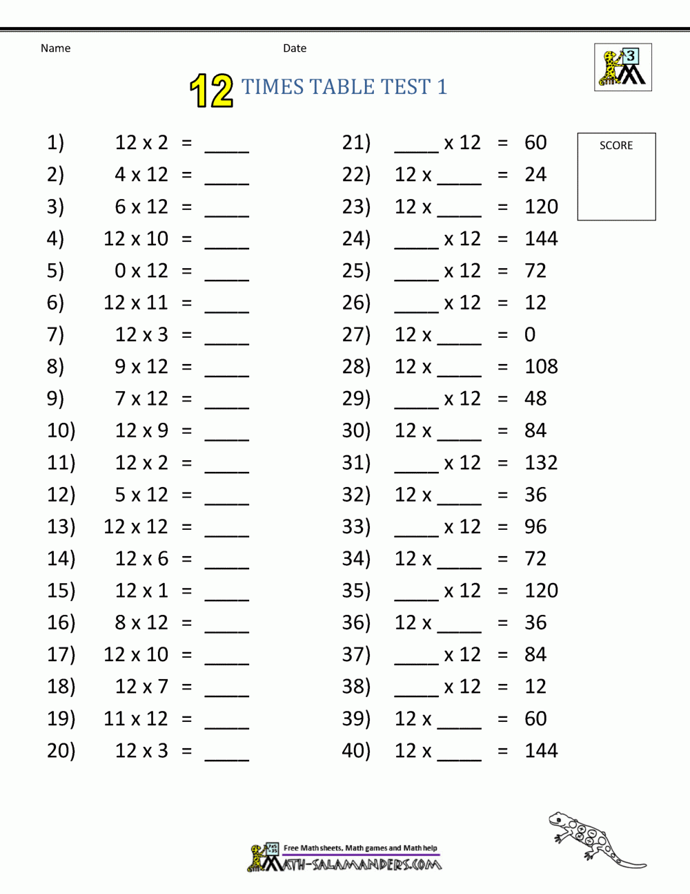 12 Times Table Worksheet