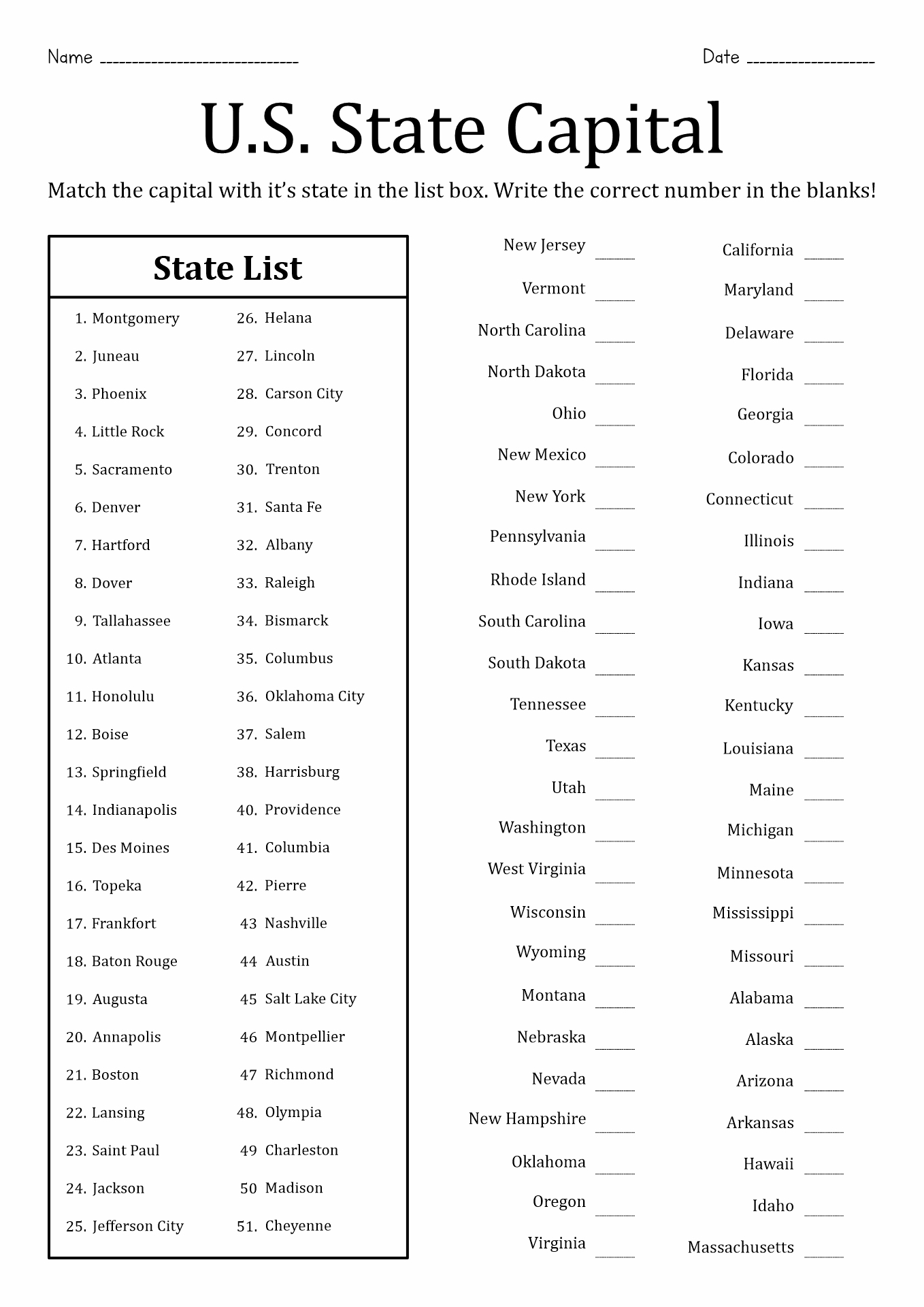 free printable states and capitals worksheets