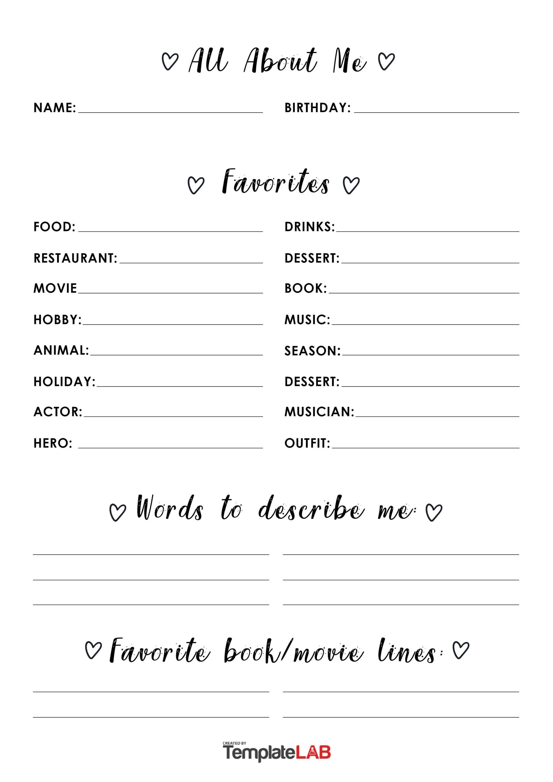 Free Printable All About Me Worksheet For Adults
