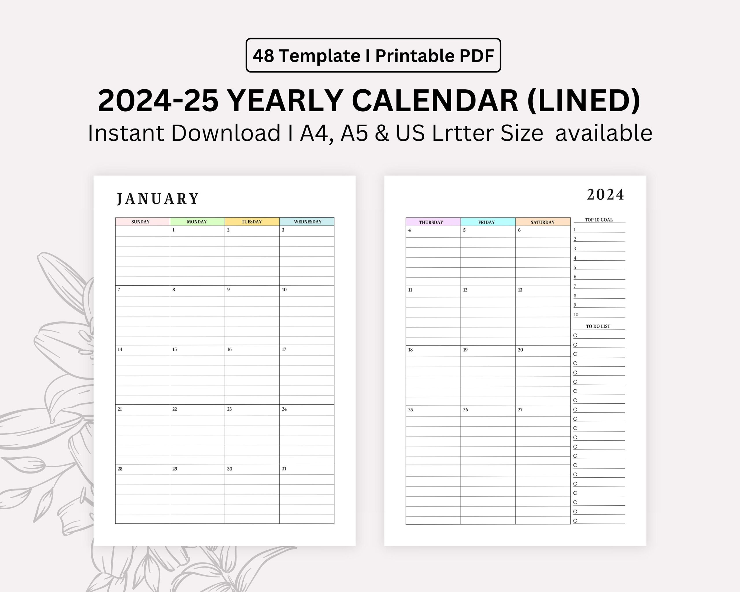 2024 2025 Monthly Lined Calendar Printable digital Download Etsy