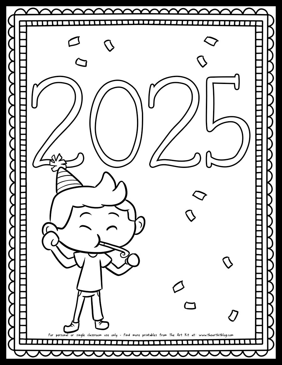 2025 New Year Party Coloring Page With Boy And Confetti Free Printable The Art Kit