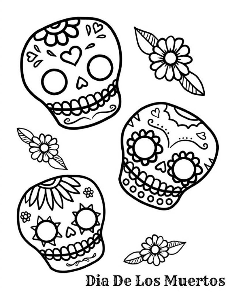 3 Little Skulls To Color Dia De Los Muertos Day Of The Dead Coloring Pages