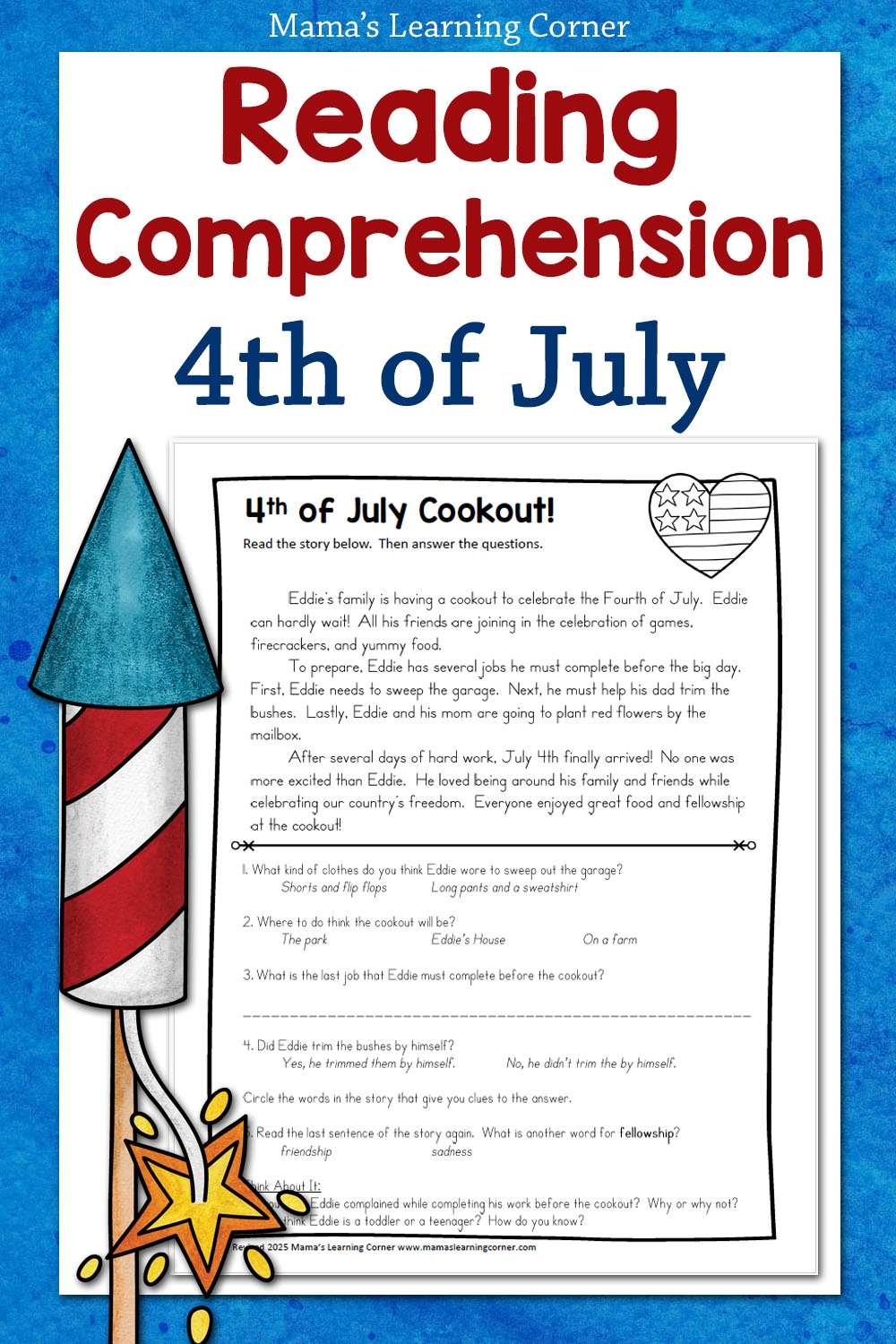 4th Of July Reading Comprehension Worksheet For Elementary Students Mamas Learning Corner