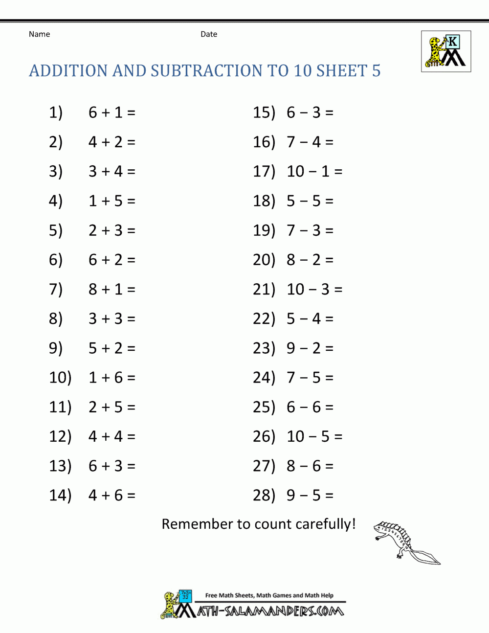 addition and subtraction worksheet