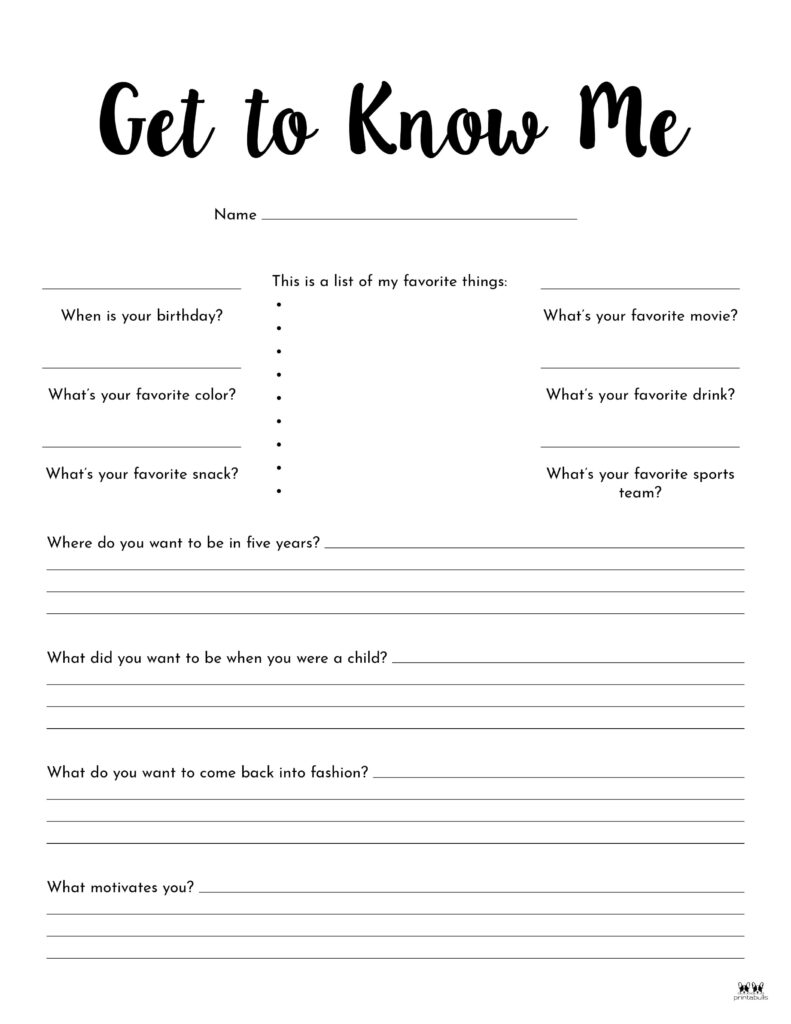 Free Printable Get To Know You Worksheet For Adults