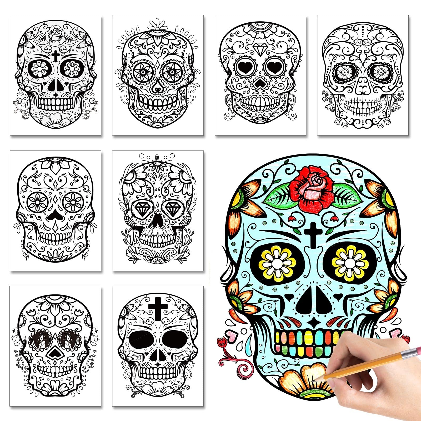 Amazon 32 Pieces Day Of The Dead Coloring Posters Sugar Skull Paper Coloring Poster For Kids Or Adults Halloween And Dia De Los Muertos Craft Painting Activity Toys Games