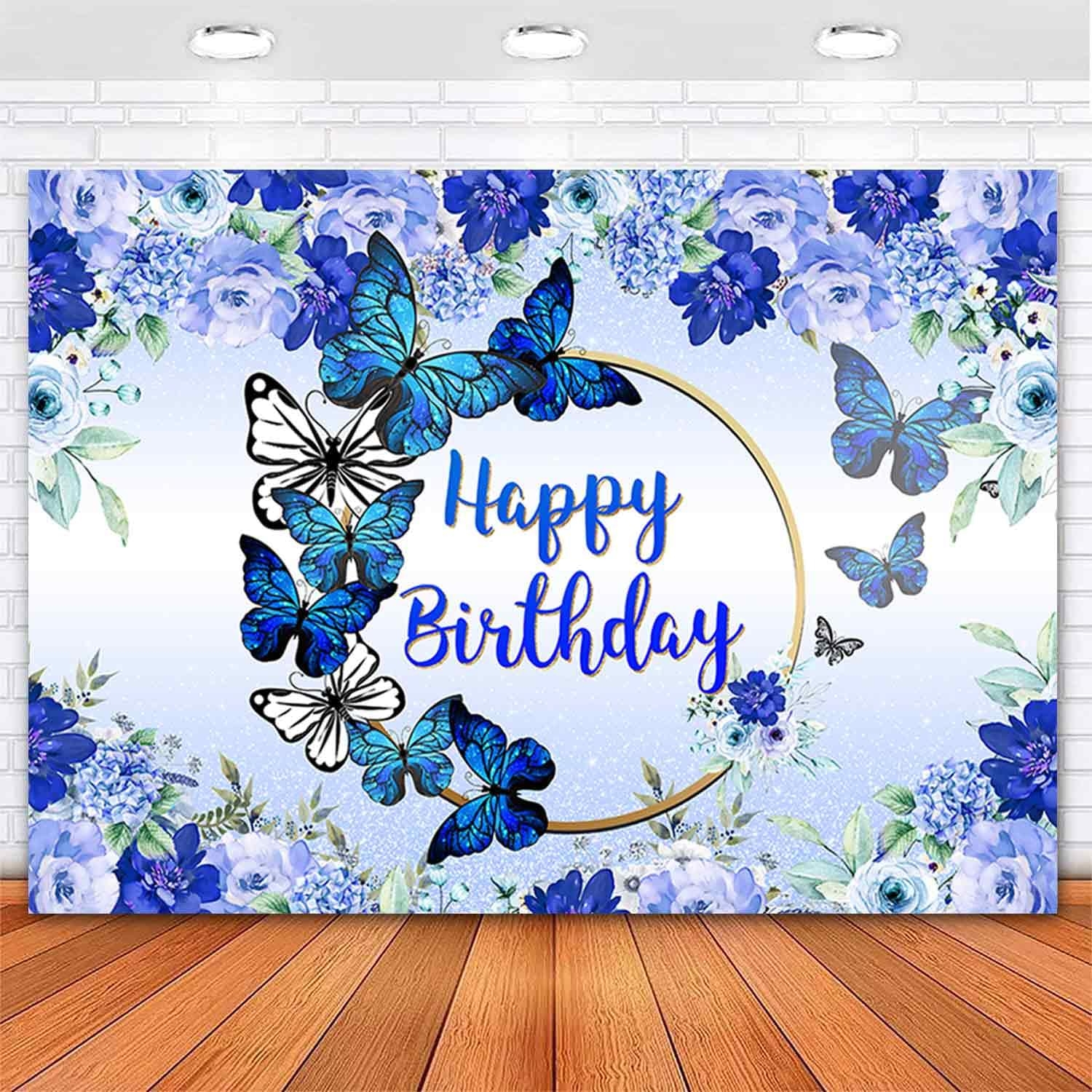 Amazon Ayayiya Butterfly Happy Birthday Backdrop Royal Blue Floral Photography Background Women Blue Flowers Birthday Wishes Party Decorations Banner Supplies Photo Booth 7x5ft Electronics