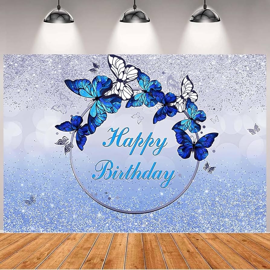 Amazon Blue Butterfly Happy Birthday Backdrop Sliver Glitter Happy Birthday Party Decoration Banner Blue Butterfly Photo Background Women Blue Flowers Glitter Dots Birthday Wishes Party Banner 7x5feet Electronics