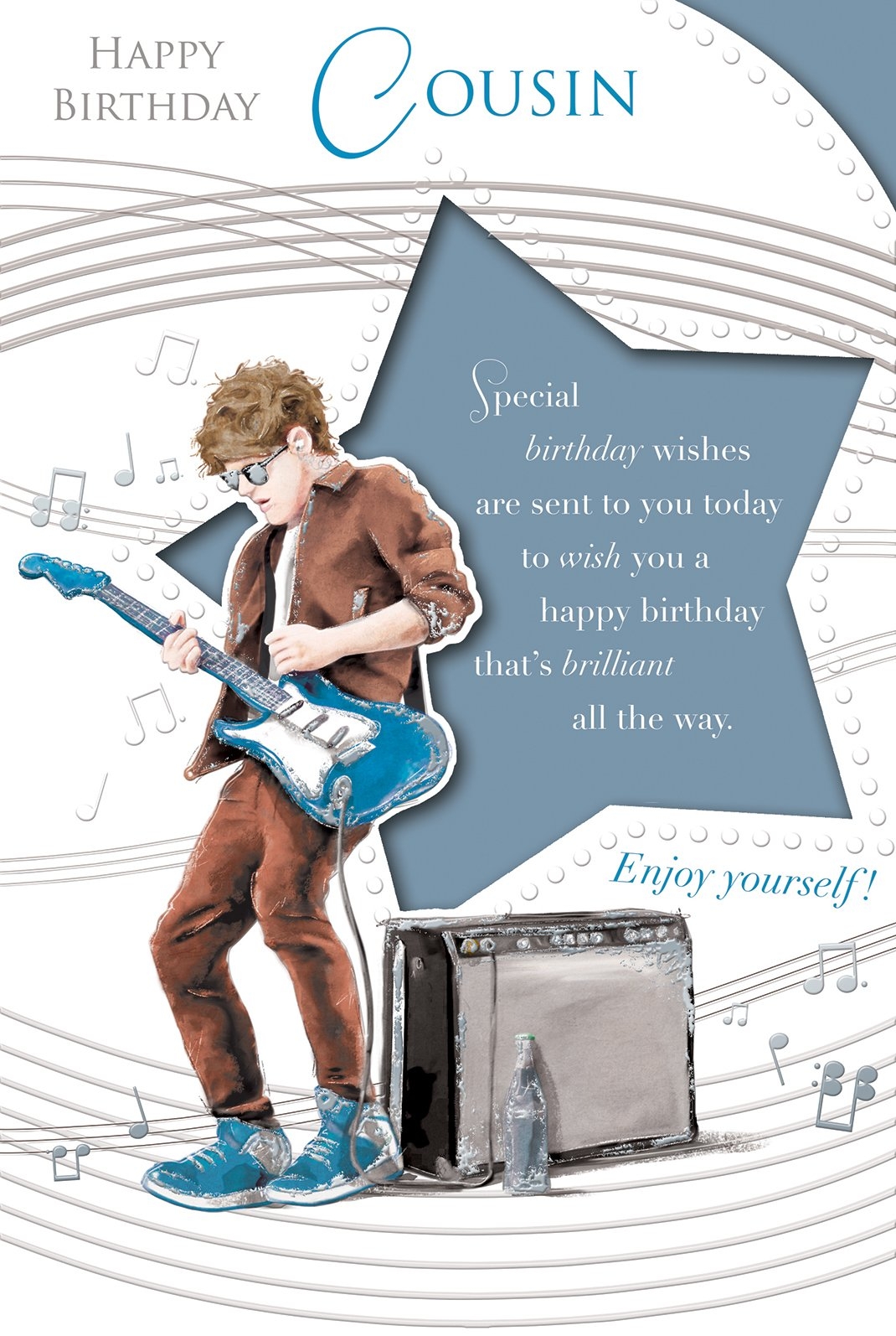 Amazon Cousin Birthday Card Birthday Boy Playing Bright Blue Electric Guitar 9 X 6 