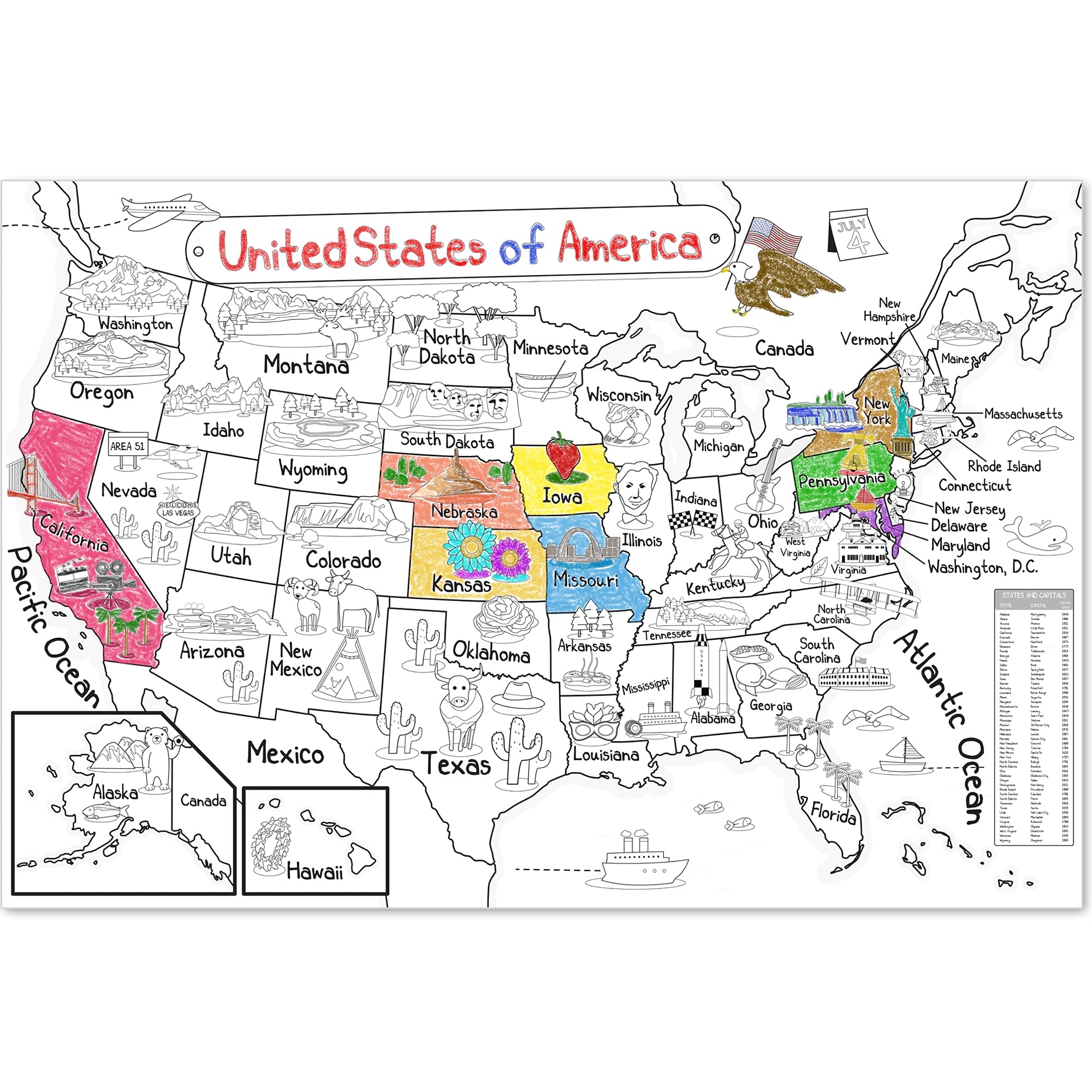 Amazon Dekali Designs US Map Coloring Poster 52x35 Inches Giant Coloring Poster For Kids Jumbo Coloring Poster For Children To Learn US States And Capitals Folded Toys Games