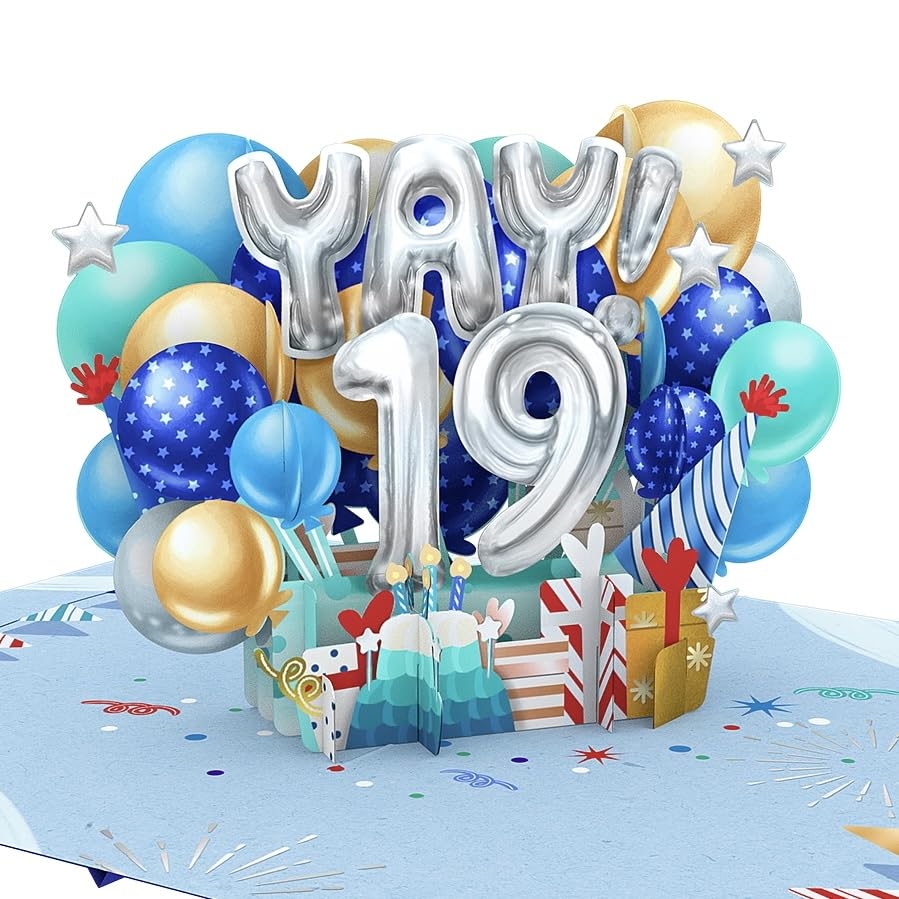 Amazon Liif Happy 19th Birthday Card For Boys Son Him Nephew 3D Greeting Pop Up Birthday Card For 19 Years Old Blue Balloons Party With Message Note Envelop 