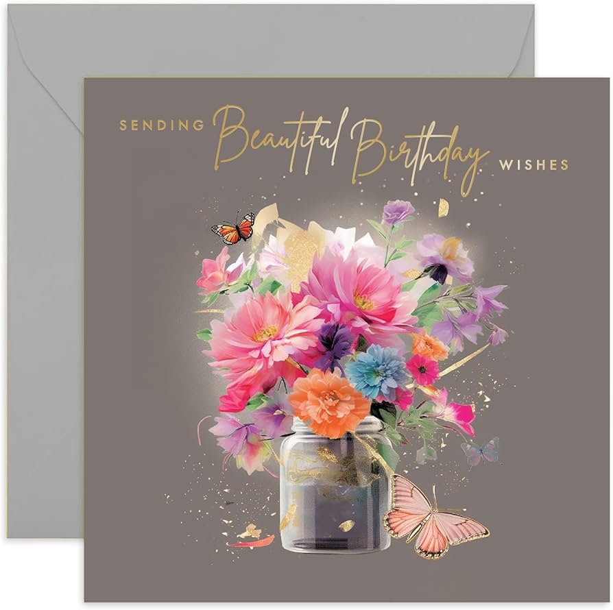 Amazon Old English Co Female Happy Birthday Card Flowers In Jar With Butterfly Gold Foil Birthday Card For Her Sweet Greeting Card Blank Inside Office Products