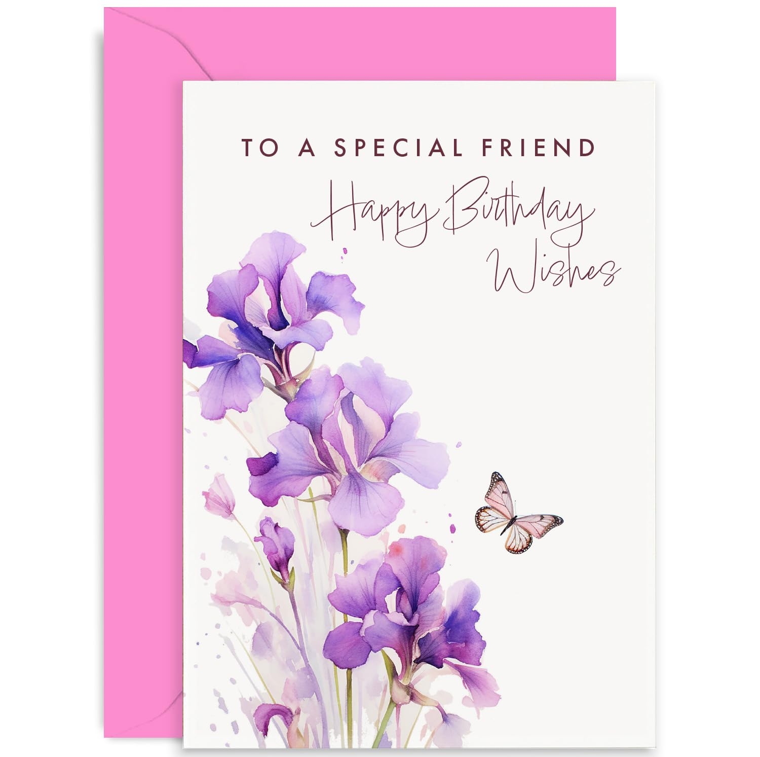 Amazon Old English Co Happy Birthday Card For Female Friend Purple Iris Flowers Butterfly Special Birthday Card For Women Birthday Card For Her Friendship Birthday Wishes Blank