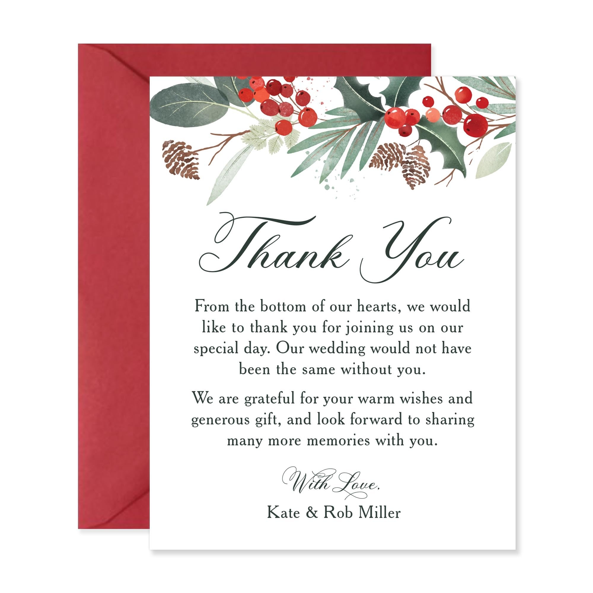 Amazon Personalized Holiday Wedding Thank You Cards With Message Flat Thank You Note Cards With Christmas Holly And Berries 4 25x5 5 With Envelopes Office Products