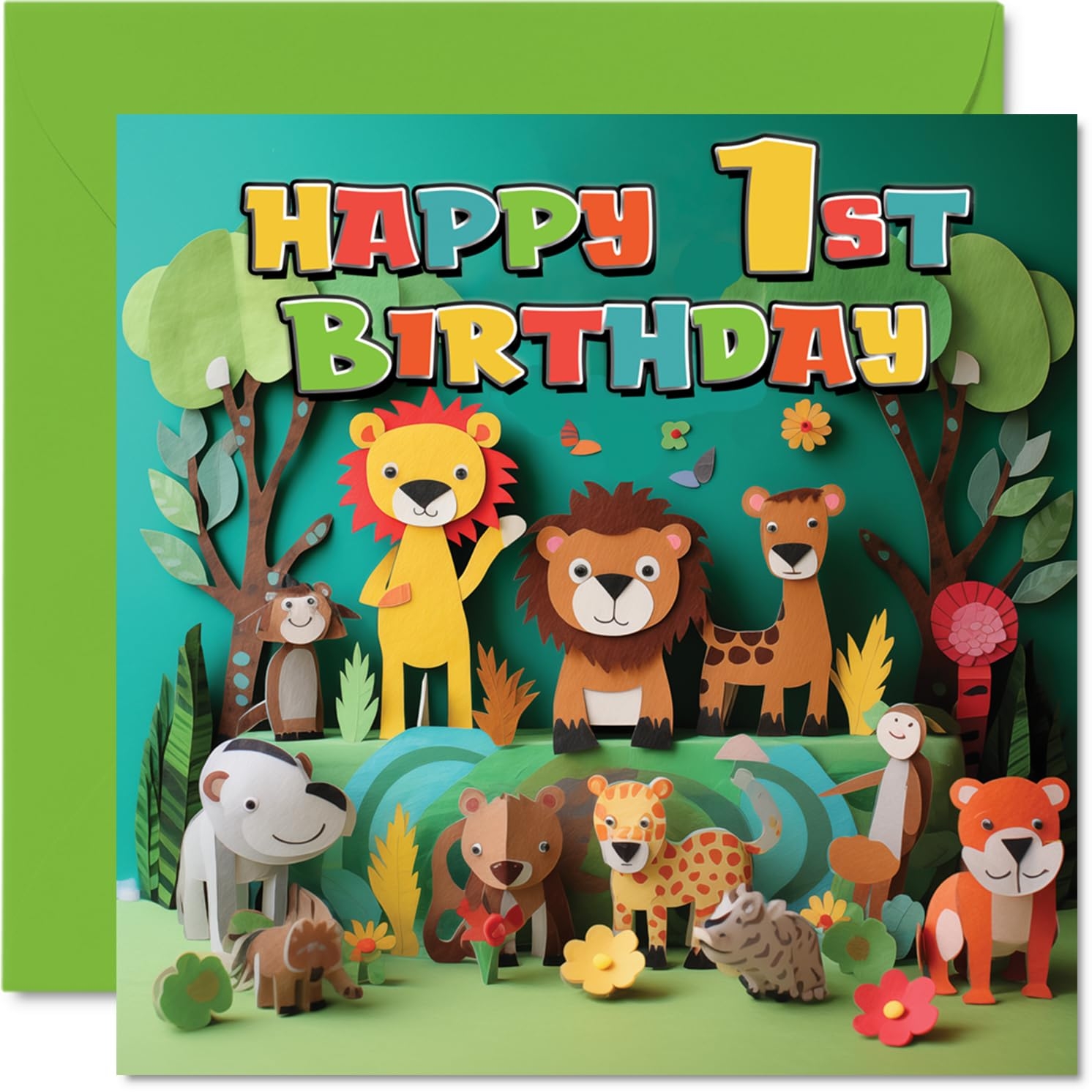 Amazon Stuff4 1st Birthday Card For Boys Girls Jungle Animals Happy Birthday Card 1 Year Old Boy Girl First Birthday Cards For Him Her 5 7 X 5 7 Inch Greeting