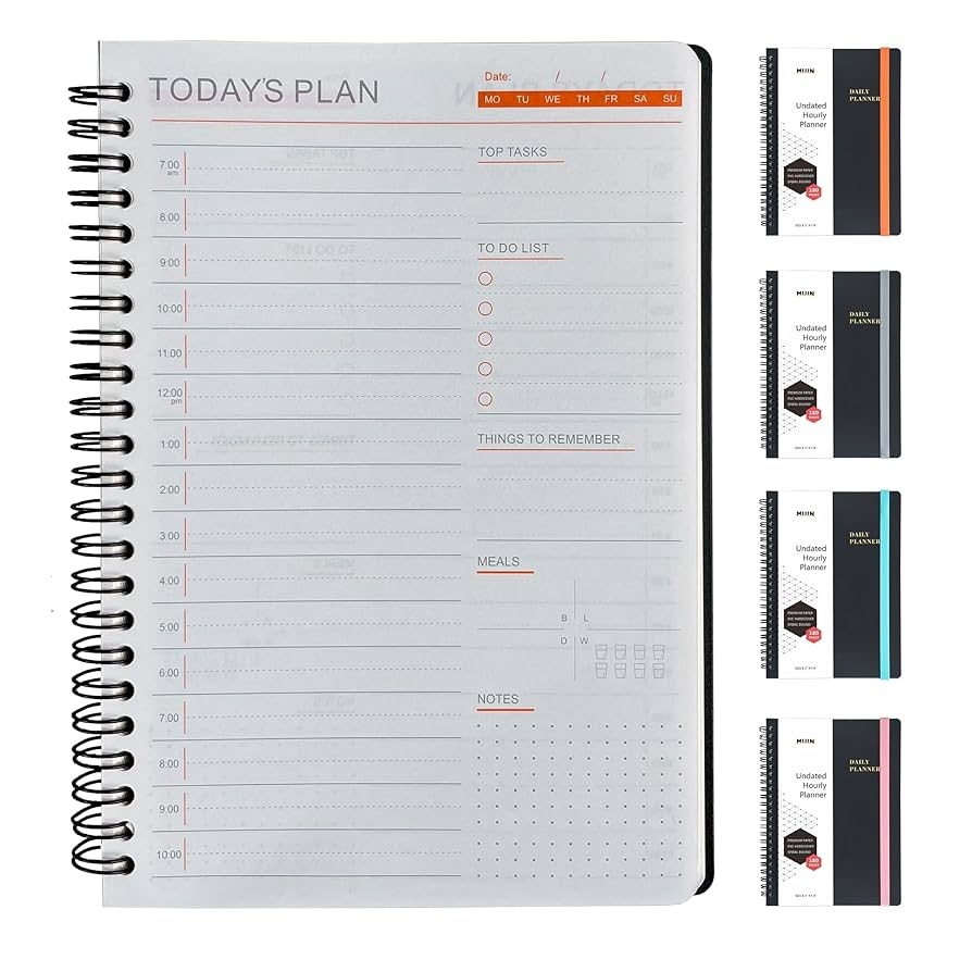 Amazon Undated Daily Planner MUIN 180Pages To Do List Notebook With Meal And Hourly Schedule For Women Or Men Spiral Bound Appointment Journal PVC Hardcover 8 3 x5 8 Black Office Products