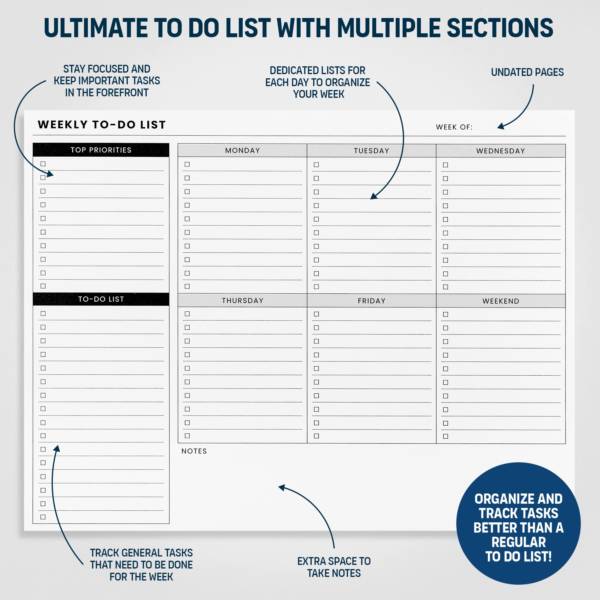 Amazon Weekly Planner Pad To Do List Desk Notepad With Multiple Sections 8 5x11 52 Sheets Undated Tear Off Notebook Calendar Habit Planning Tracker Task Goal Checklist Organizer 
