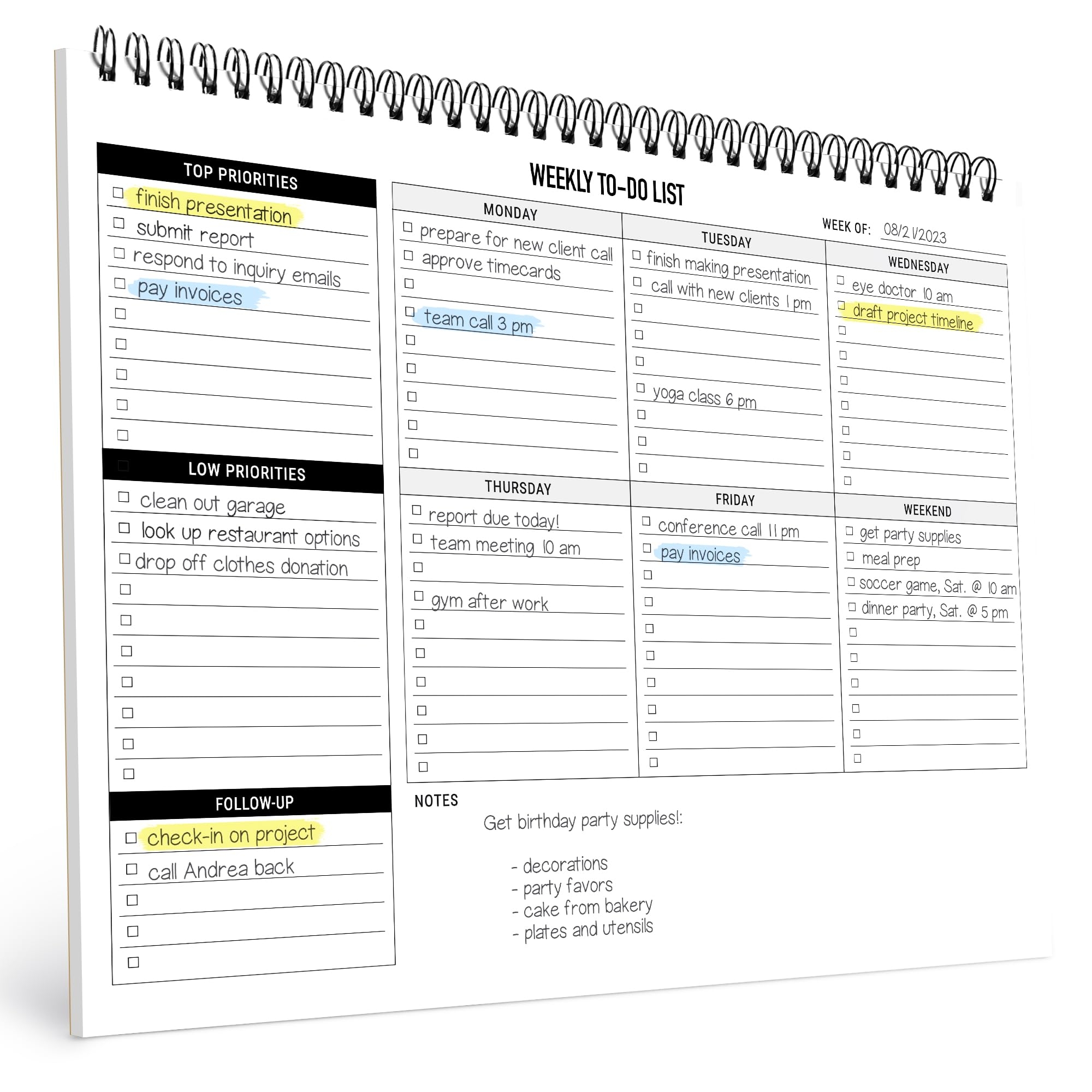 Amazon Weekly Planner To Do List Pad 8 5x11 52 Sheets Spiral Desk Notepad With Multiple Sections Undated Planning Notebook Checklist Todo Agenda Plan Office Products