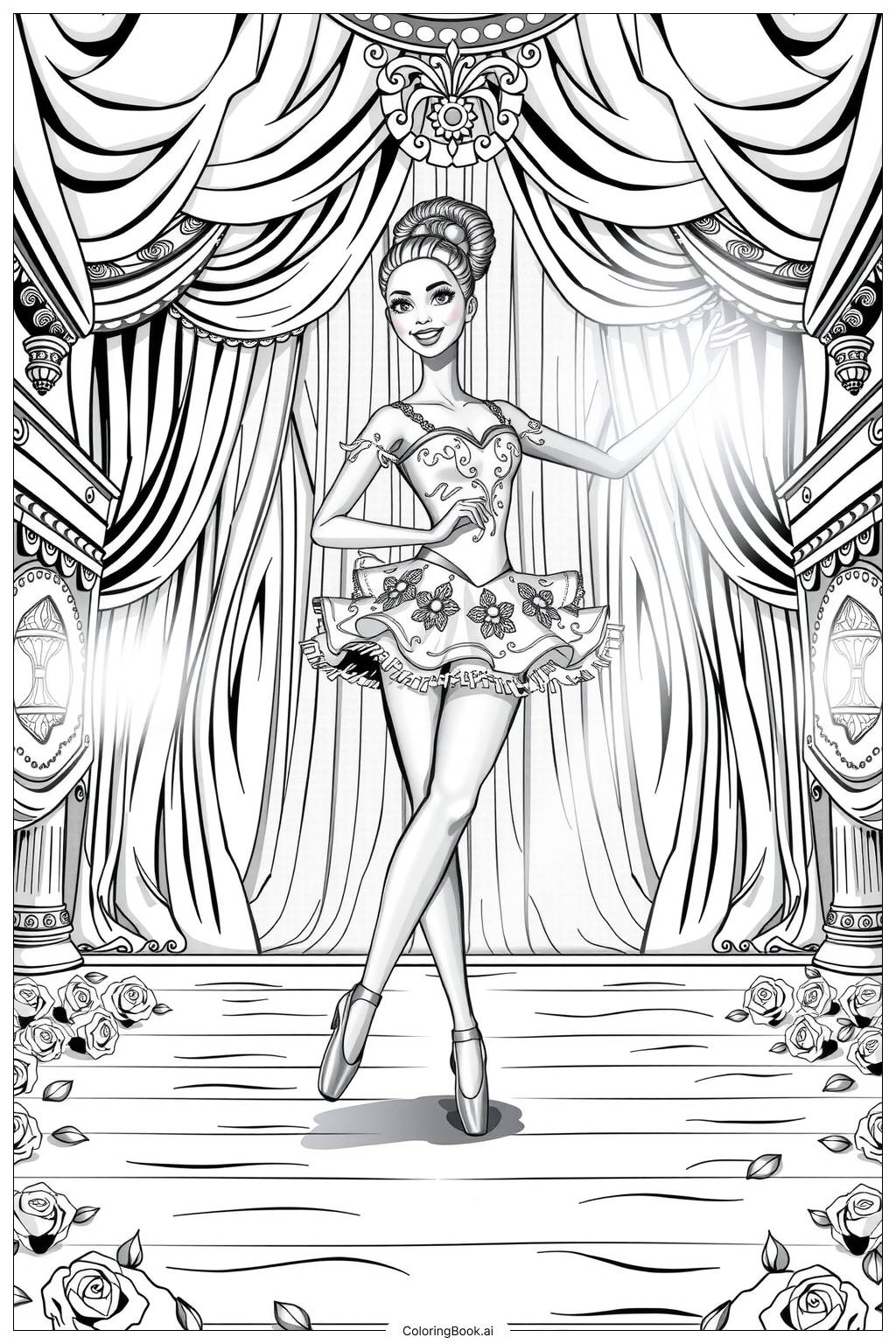 Barbie Ballerina Dancing On Stage Coloring Page Free PDF PNG Printable 