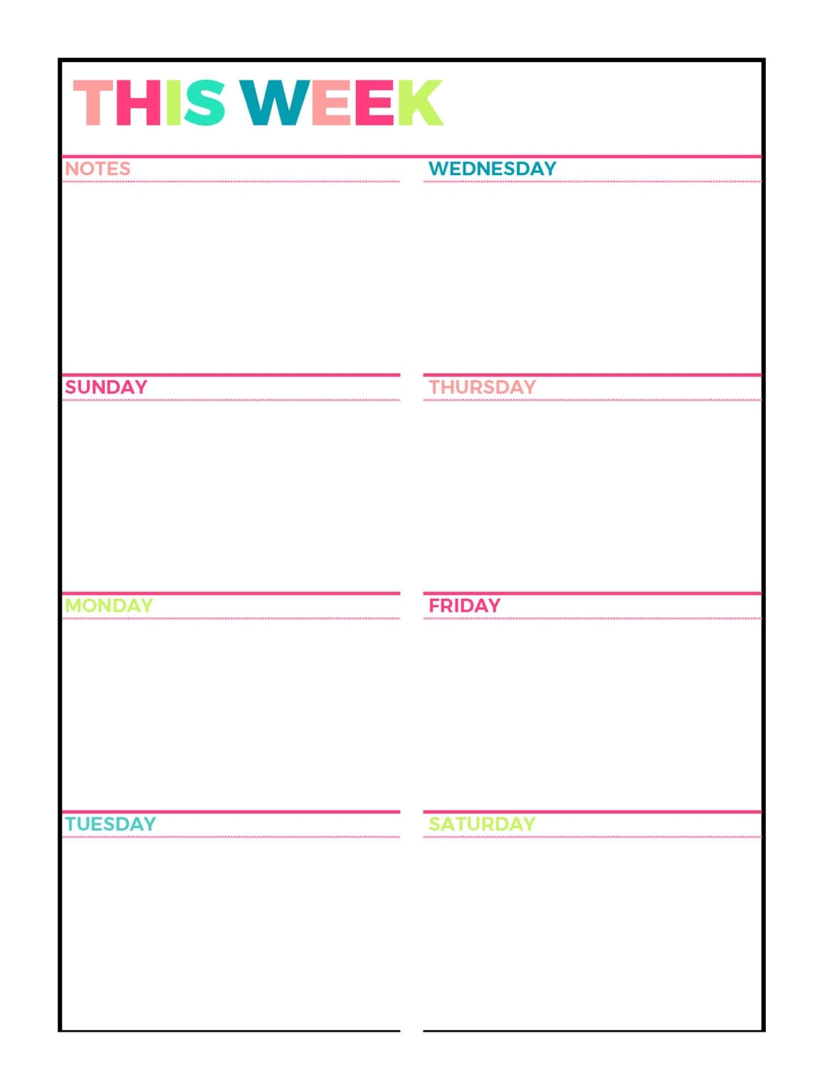 Bright Weekly Planner Printable Week On 1 Page Undated letter Size grid lined Blank Style Sunday And Monday Week Start Instant Download Etsy