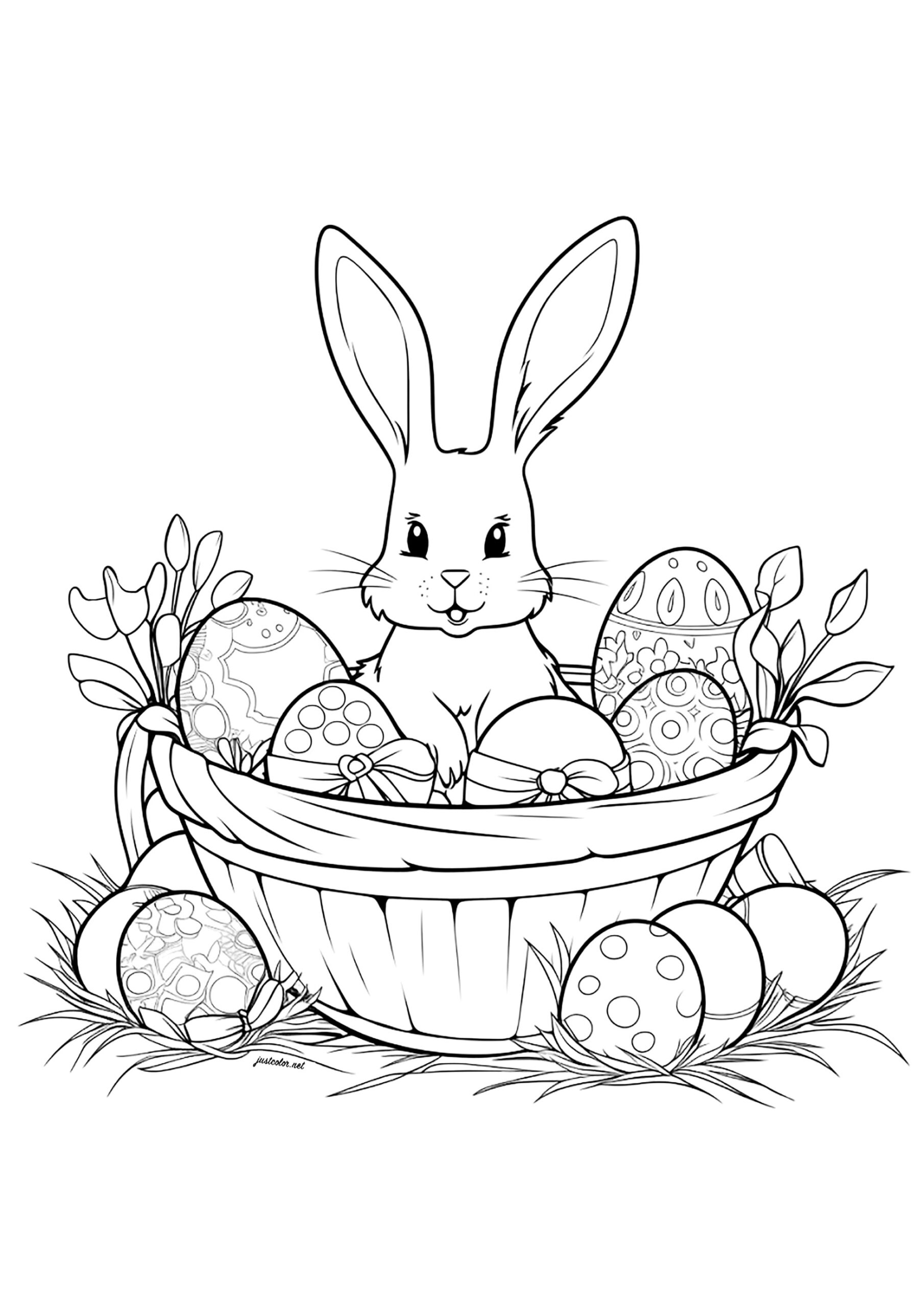 Bunny In A Basket With Easter Eggs Easter Coloring Pages For Kids