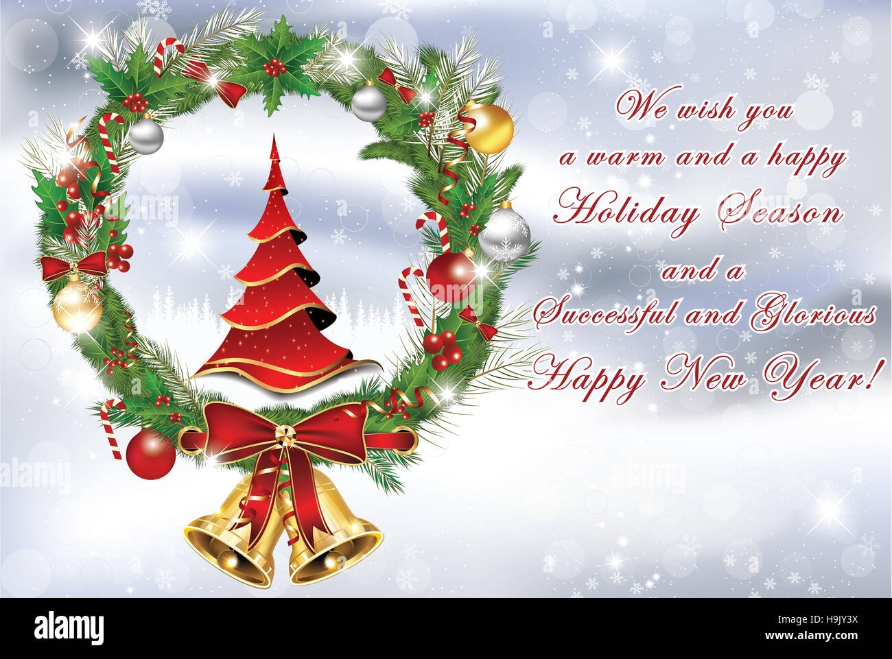 Business Christmas And New Year Greeting Card With Christmas Tree Wreath Jingle Bells Print Colors Used Custom Size Of A Gre Stock Photo Alamy