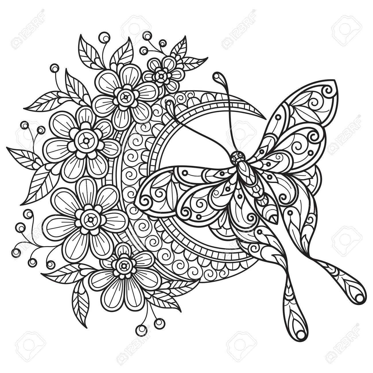 Butterfly And Flower Moon Hand Drawn For Adult Coloring Book Royalty Free SVG Cliparts Vectors And Stock Illustration Image 200202736 Butterfly And Flower Moon Hand Drawn For Adult Coloring Book Royalty Free SVG Cliparts Vectors And Stock Illustration Image 200202736
