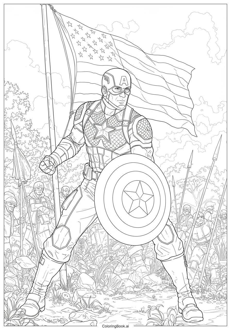 Captain America Waving Flag Background Coloring Page Free PDF PNG Printable 