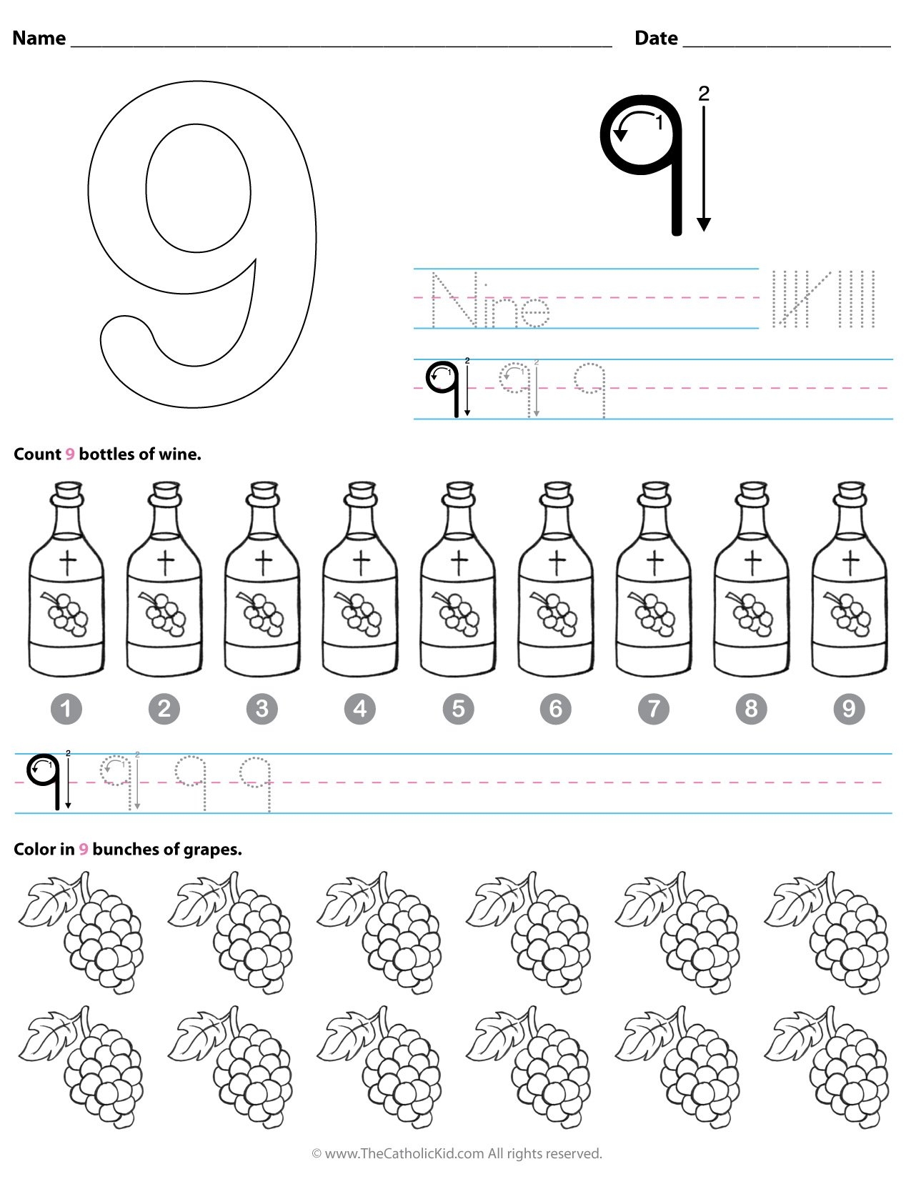 Catholic Number 9 Worksheet Preschool Kindergarten Coloring Page TheCatholicKid