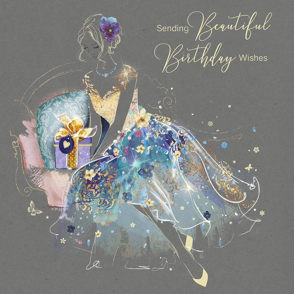 Cherry Orchard Female Open Birthday Card Sending Beautiful Birthday Wishes Artistic Lady In Sparkly Blue Dress Holding Gifts Flitter Gold Foil Finish For Her Buy Online At