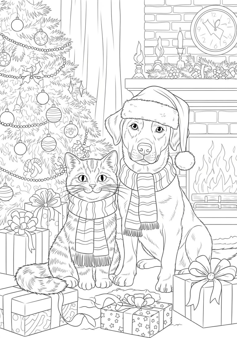 Christmas Cats And Dogs Coloring Page Printable 