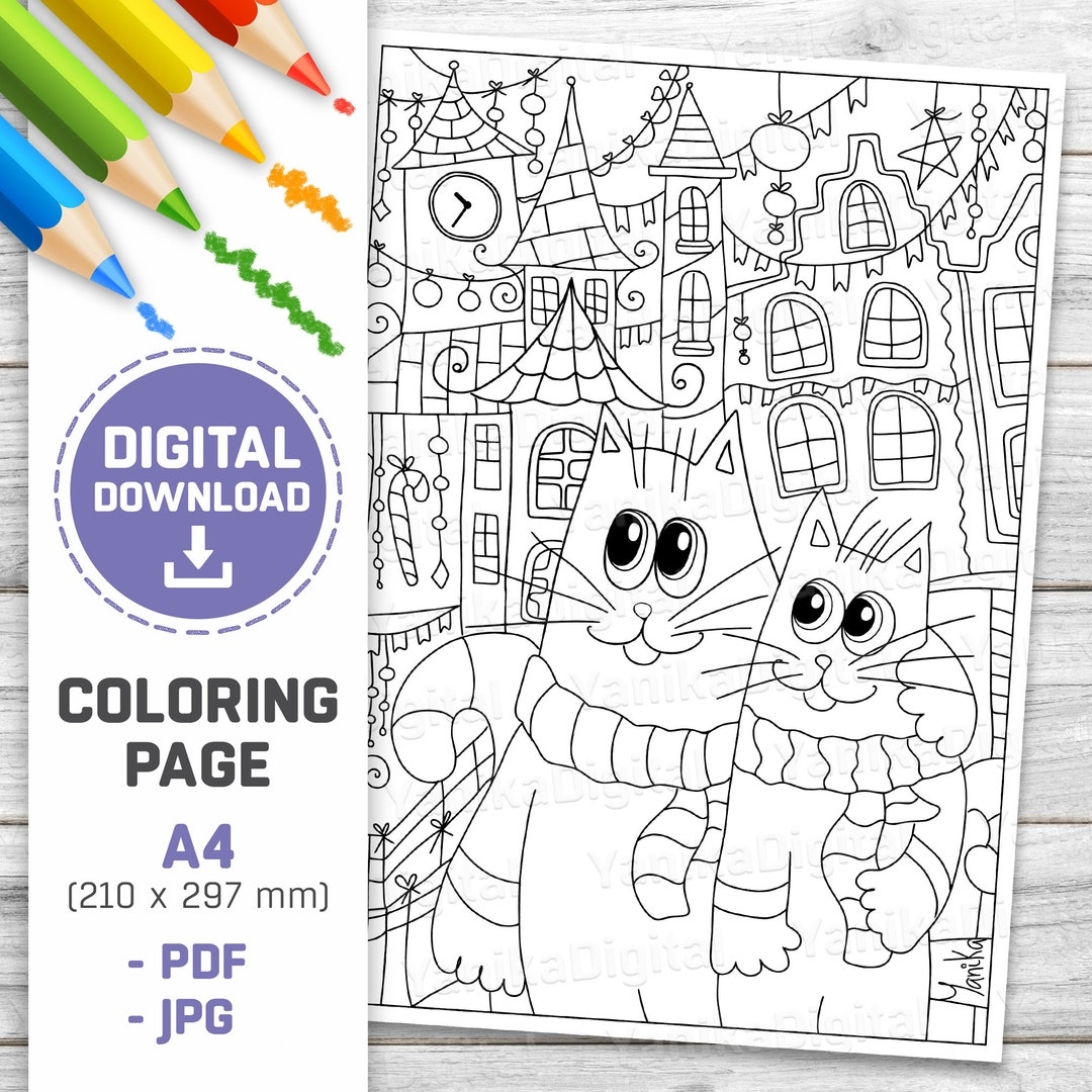Christmas Cats Coloring Page Printable Cat Sketches digital Download Etsy