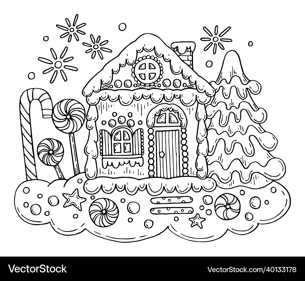 Christmas Gingerbread House Coloring Page Vector Image