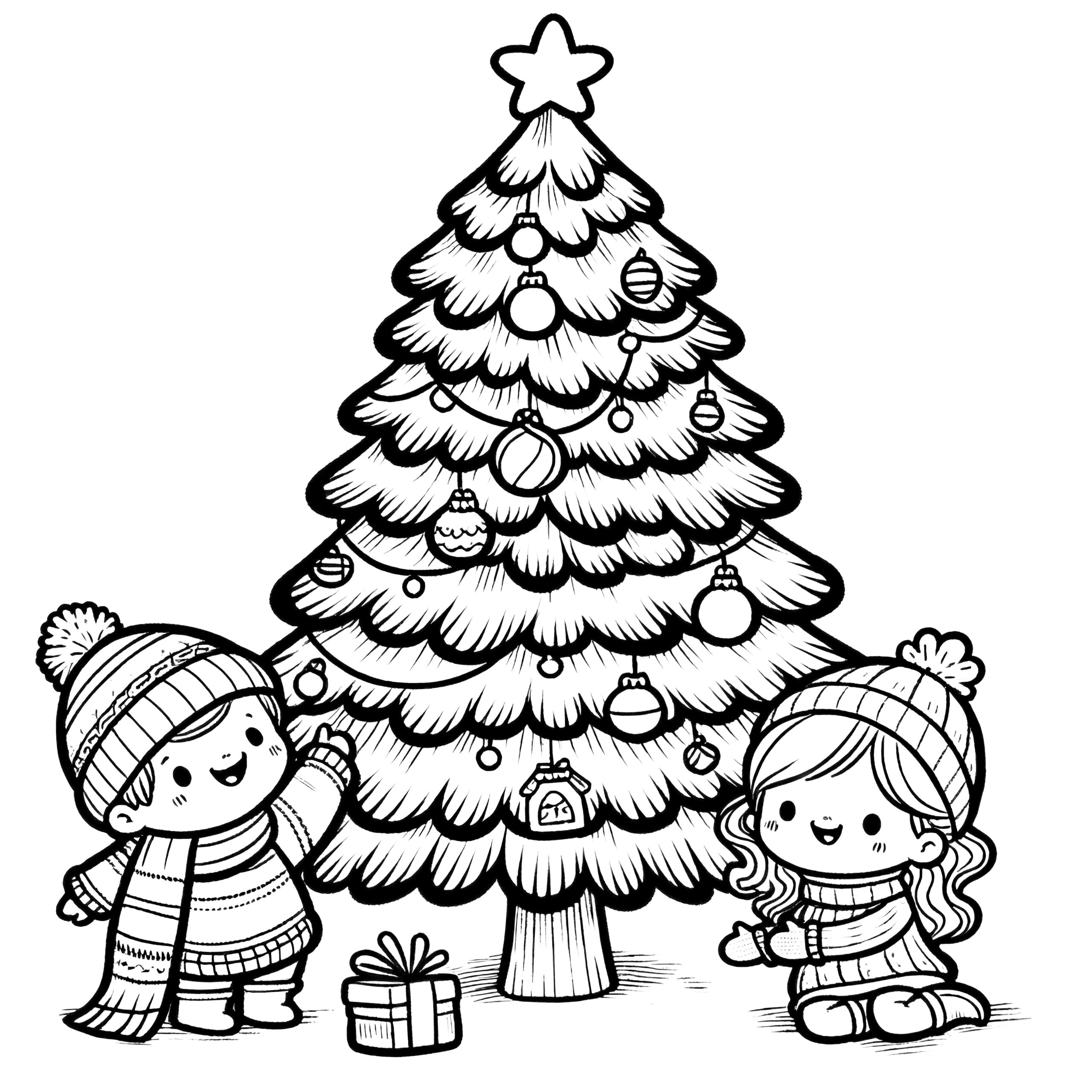 Christmas Tree With Two Children Free Coloring Page Christmas Tree With Two Children Free Coloring Page
