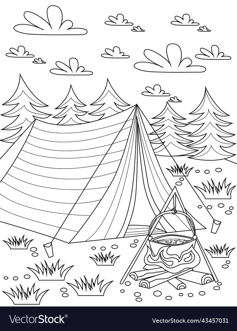 Coloring Book Page With Tent Placed In Nature Vector Image Coloring Book Page With Tent Placed In Nature Vector Image