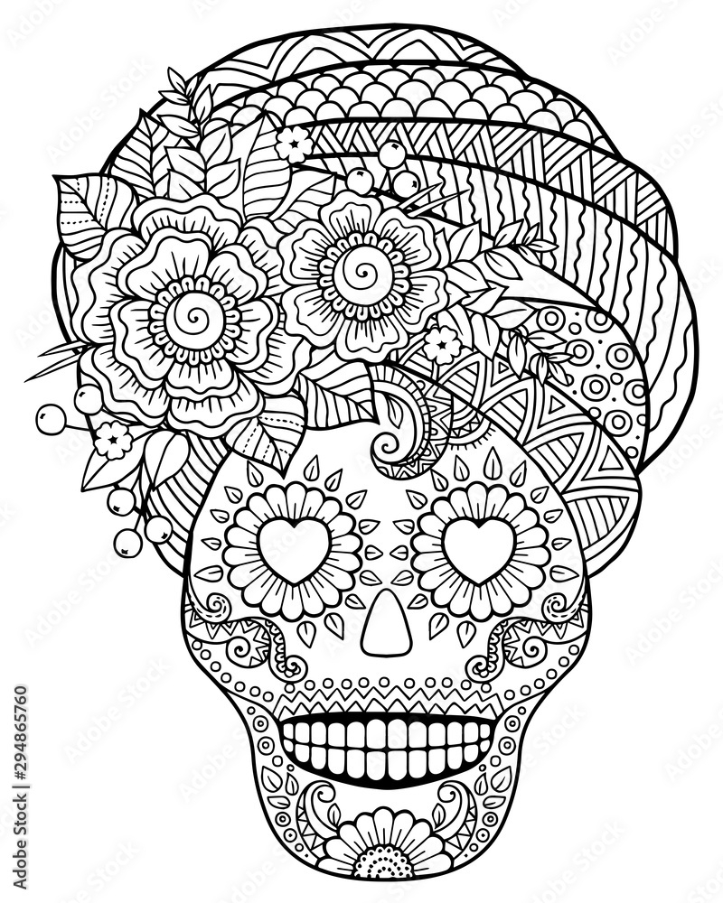 Coloring For Adult For Day Of The Dead Mexican Festival Black And White Coloring Pages With Skull And Flowers Stock Illustration Adobe Stock Coloring For Adult For Day Of The Dead Mexican Festival Black And White Coloring Pages With Skull And Flowers Stock Illustration Adobe Stock