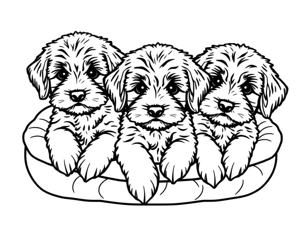 Coloring Page Of Three Adorable Puppies In A Dog Bed Free Printable Coloring Page