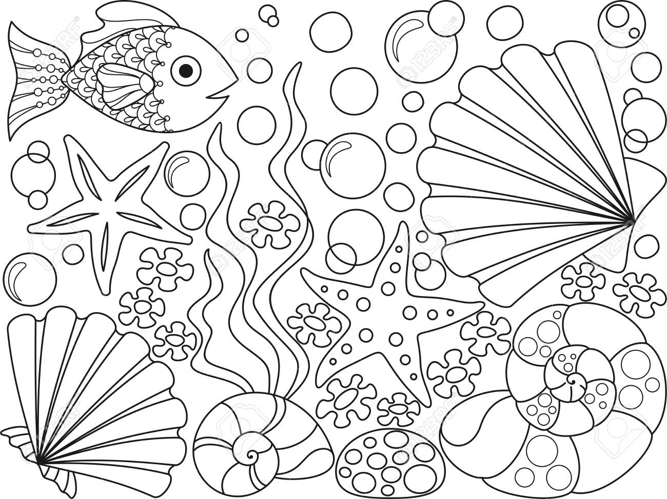 Coloring Page With Seashells Starfish Seaweed Bubbles And Fish Black Elements On A White Background Vector Design Template For Kids Coloring Book Entertainment And Recreation For Children Royalty Free SVG Cliparts Vectors  Coloring Page With Seashells Starfish Seaweed Bubbles And Fish Black Elements On A White Background Vector Design Template For Kids Coloring Book Entertainment And Recreation For Children Royalty Free SVG Cliparts Vectors