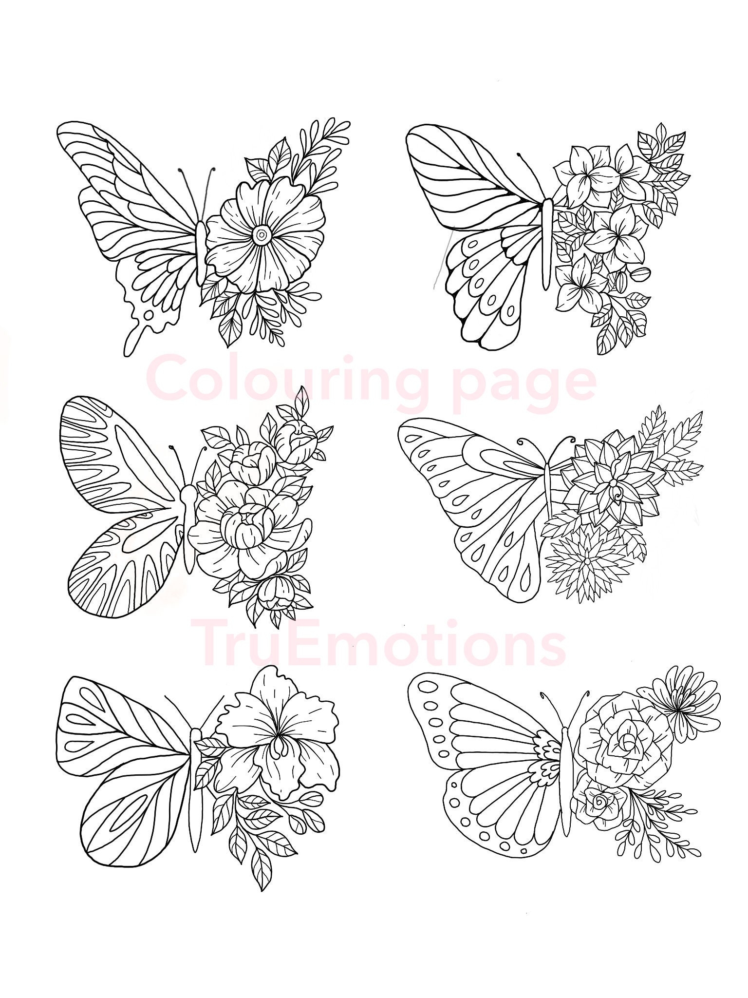 Colouring Pages Set Of 3 Pages Printable Flowers Butterfly Drawing Adult Coloring At Home Activity Etsy Israel
