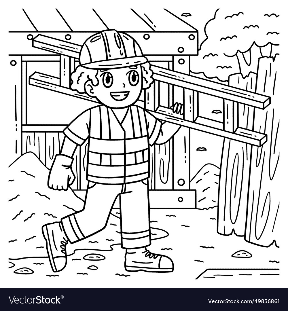 Construction Worker With A Ladder Coloring Page Vector Image