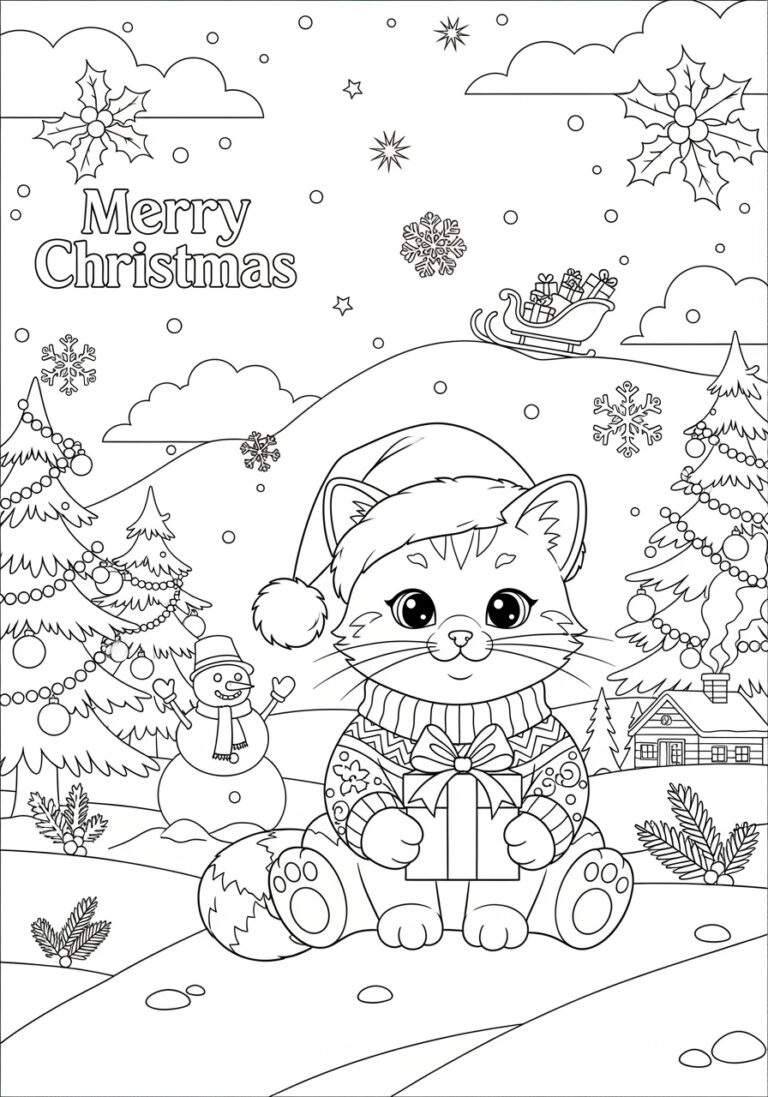 Cute Christmas Kitten Coloring Pages For Kids