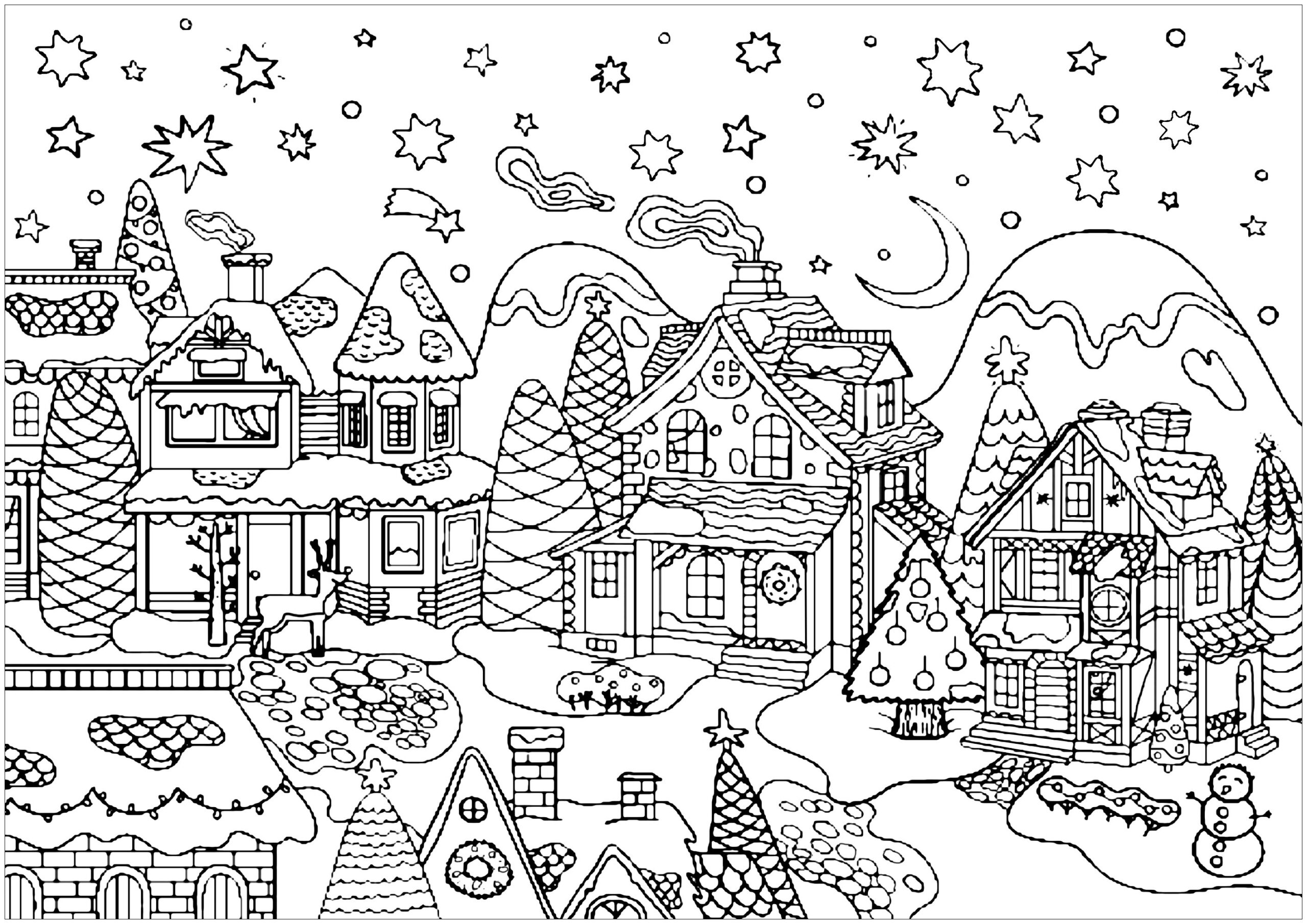 Cute Christmas Village Christmas Coloring Pages For Adults