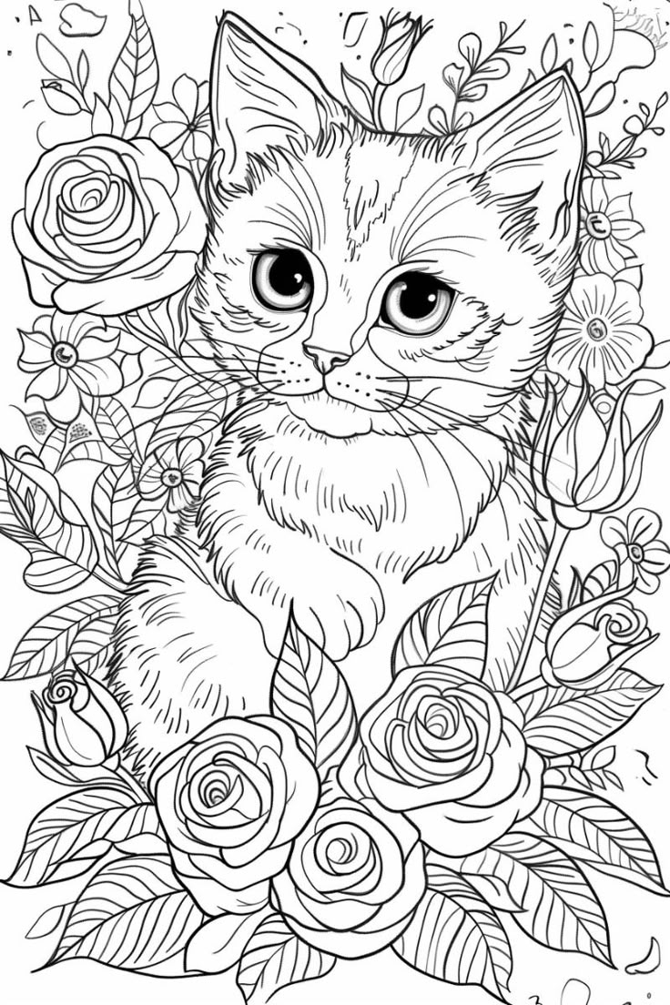 Cute Coloring Pages Kitten With Roses Free Printables Cute Coloring Pages Kitten With Roses Free Printables