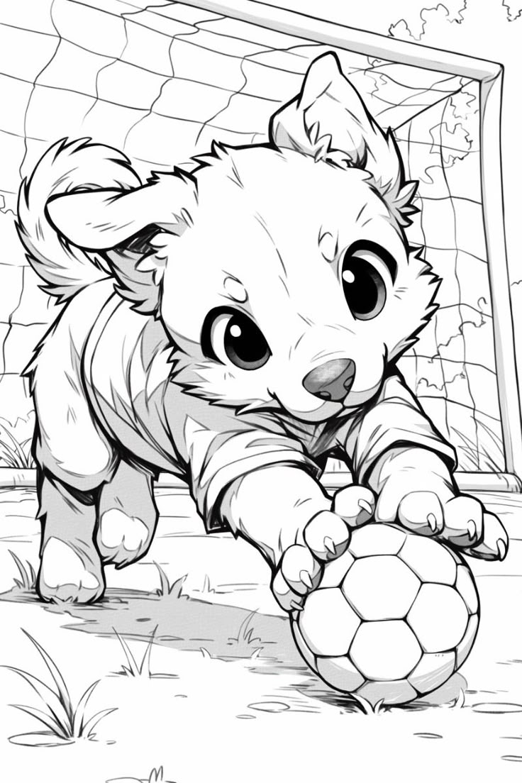 Cute Puppy Playing Soccer Coloring Page For Kids