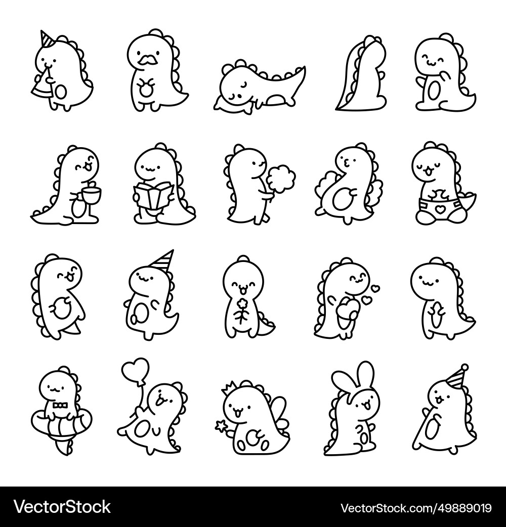 Cute Smiling Kawaii Dinosaur Coloring Page Vector Image