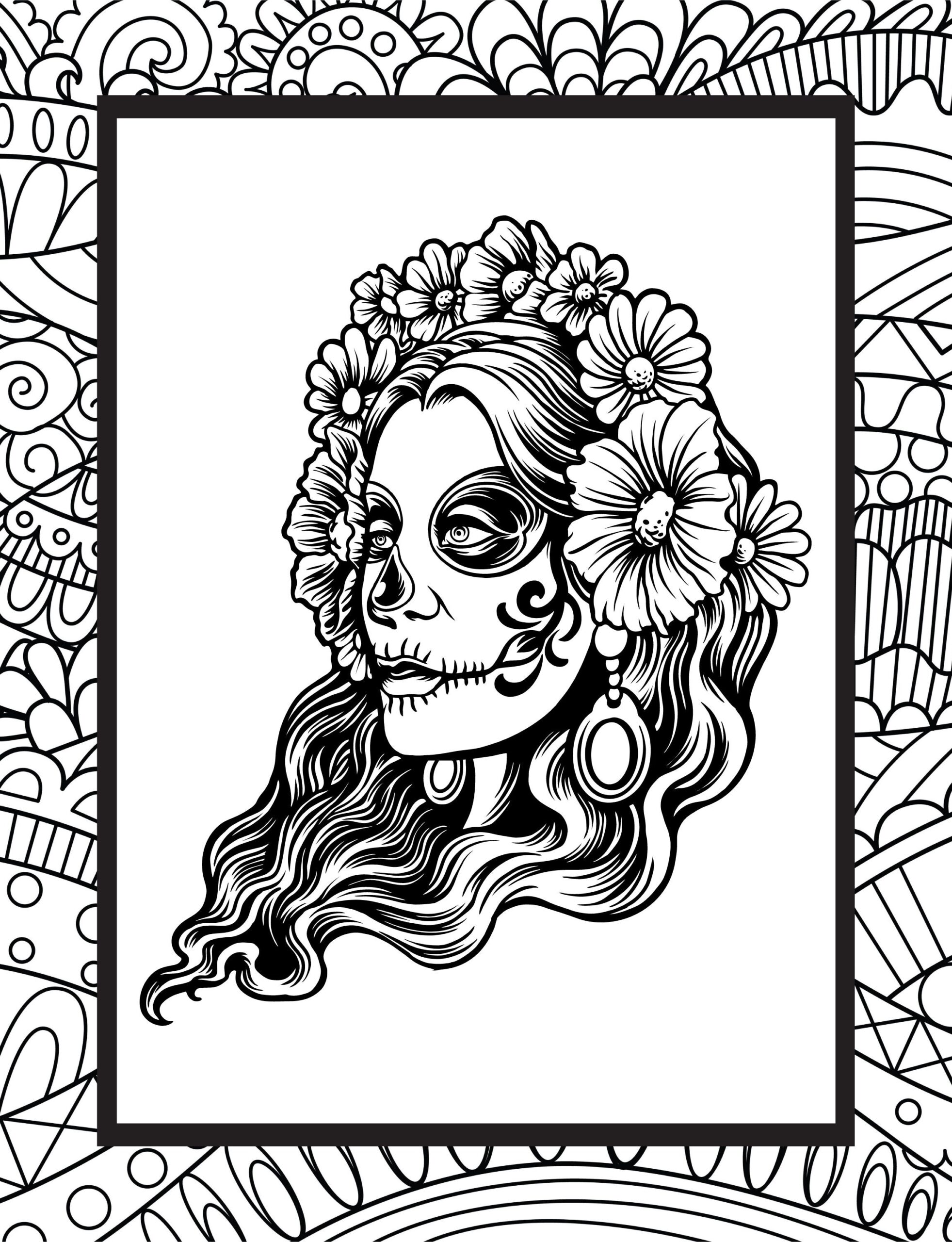 Dia De Los Muertos Mexican Skull Color Female Sugar Skull Coloring Page For Adults Halloween Free Download Print 8 5 X 11 At Home Etsy