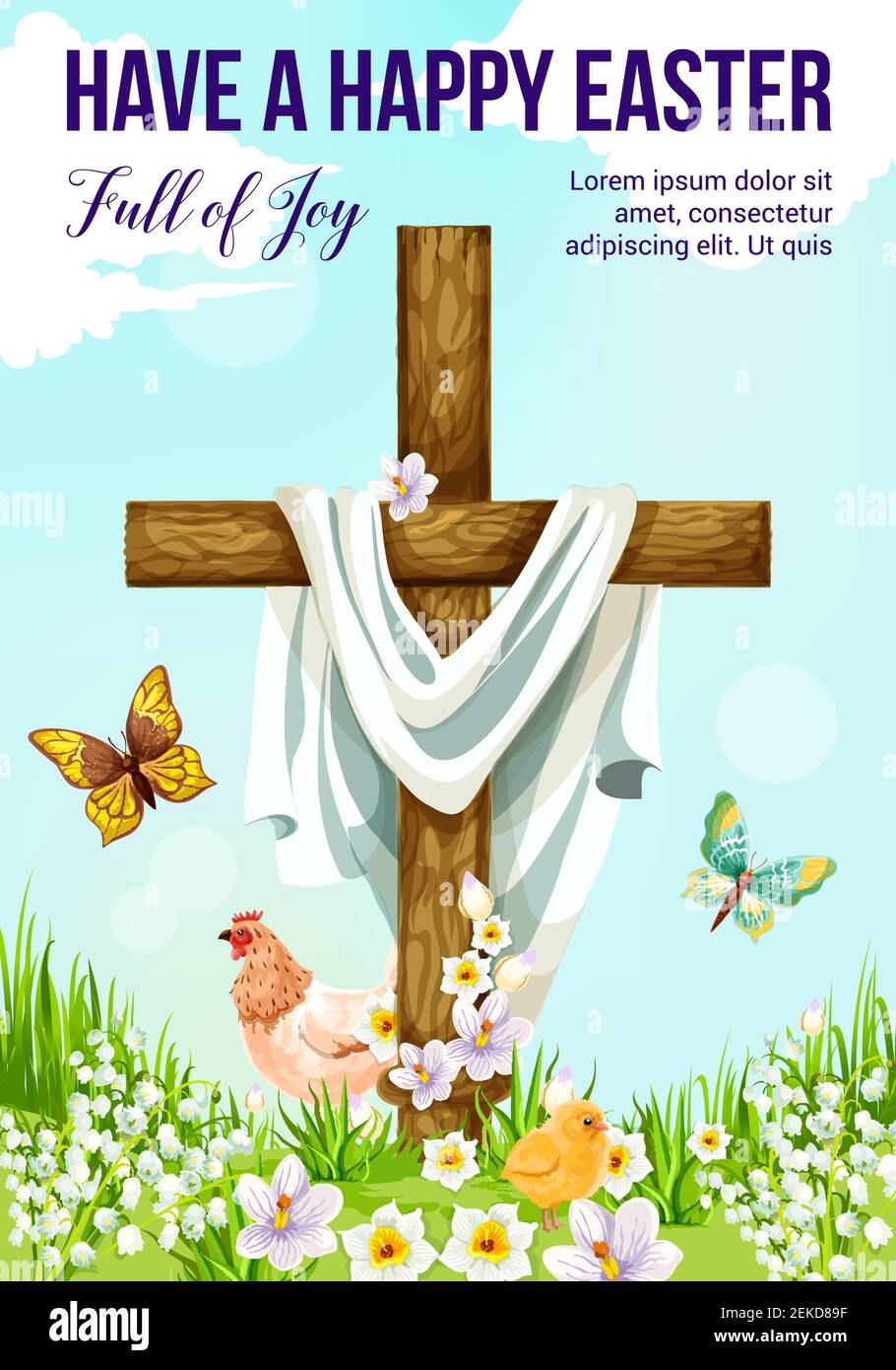 Easter Cross With Spring Flower Greeting Card Christian Religion Crucifix On Sunny Meadow With Chicken Chick And Butterfly Daffodil Lily And Crocu Stock Vector Image Art Alamy