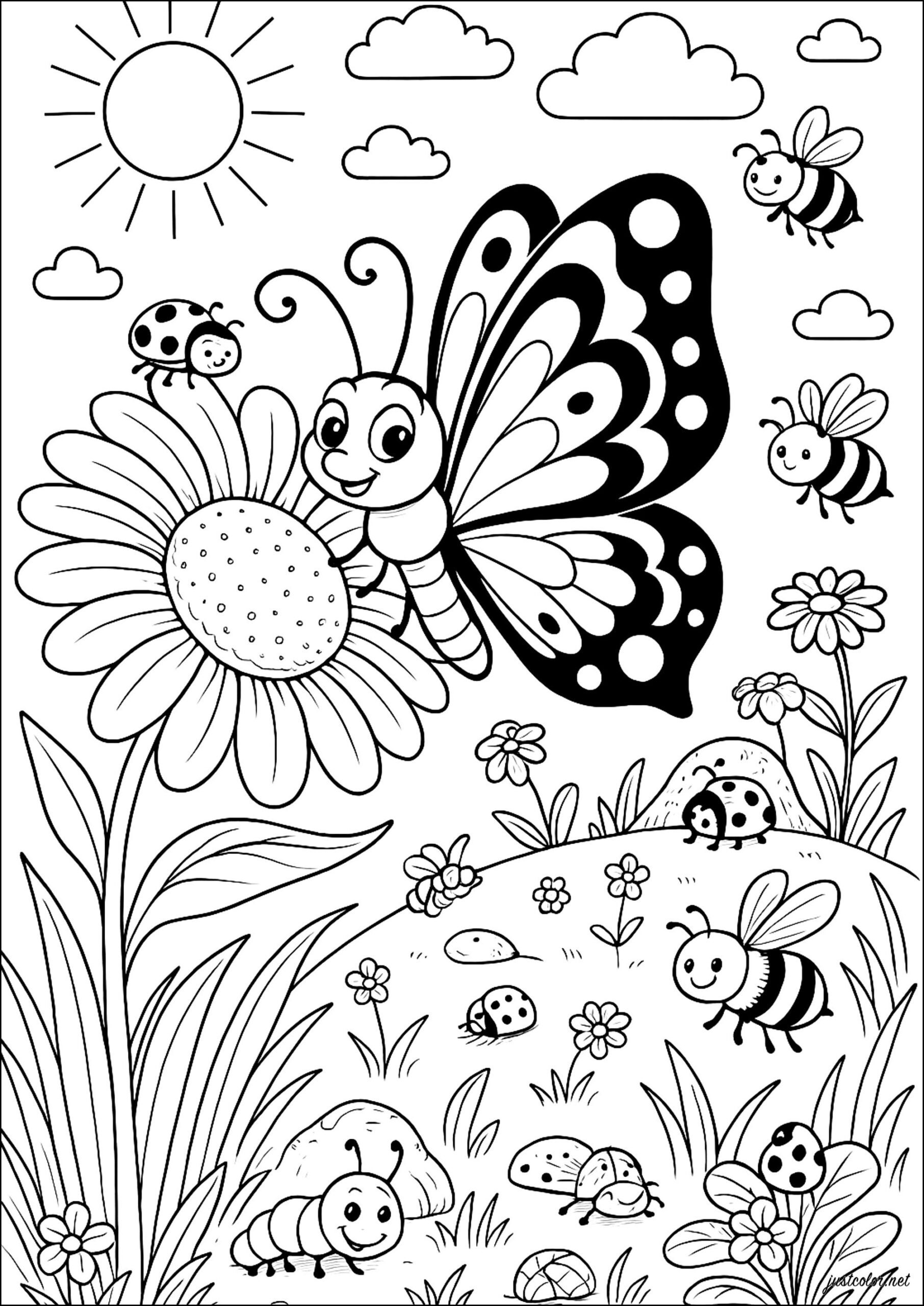 Enchanted Garden With Happy Insects Butterfly Coloring Pages